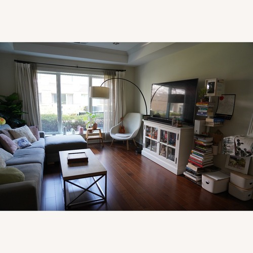 Used West Elm Overarching Linen Shade Floor Lamp (79") for sale on AptDeco