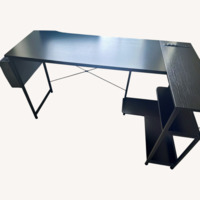 L- Shaped Black Wood Desk with Basket and Outlets