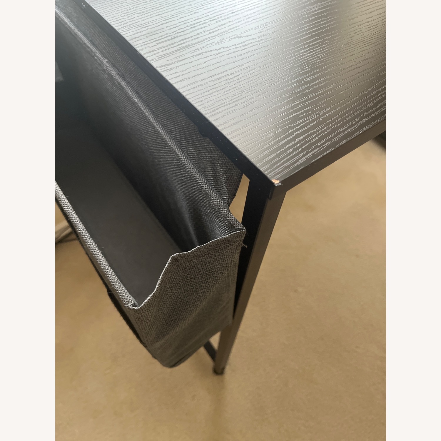 L- Shaped Black Wood Desk with Basket and Outlets - image-3