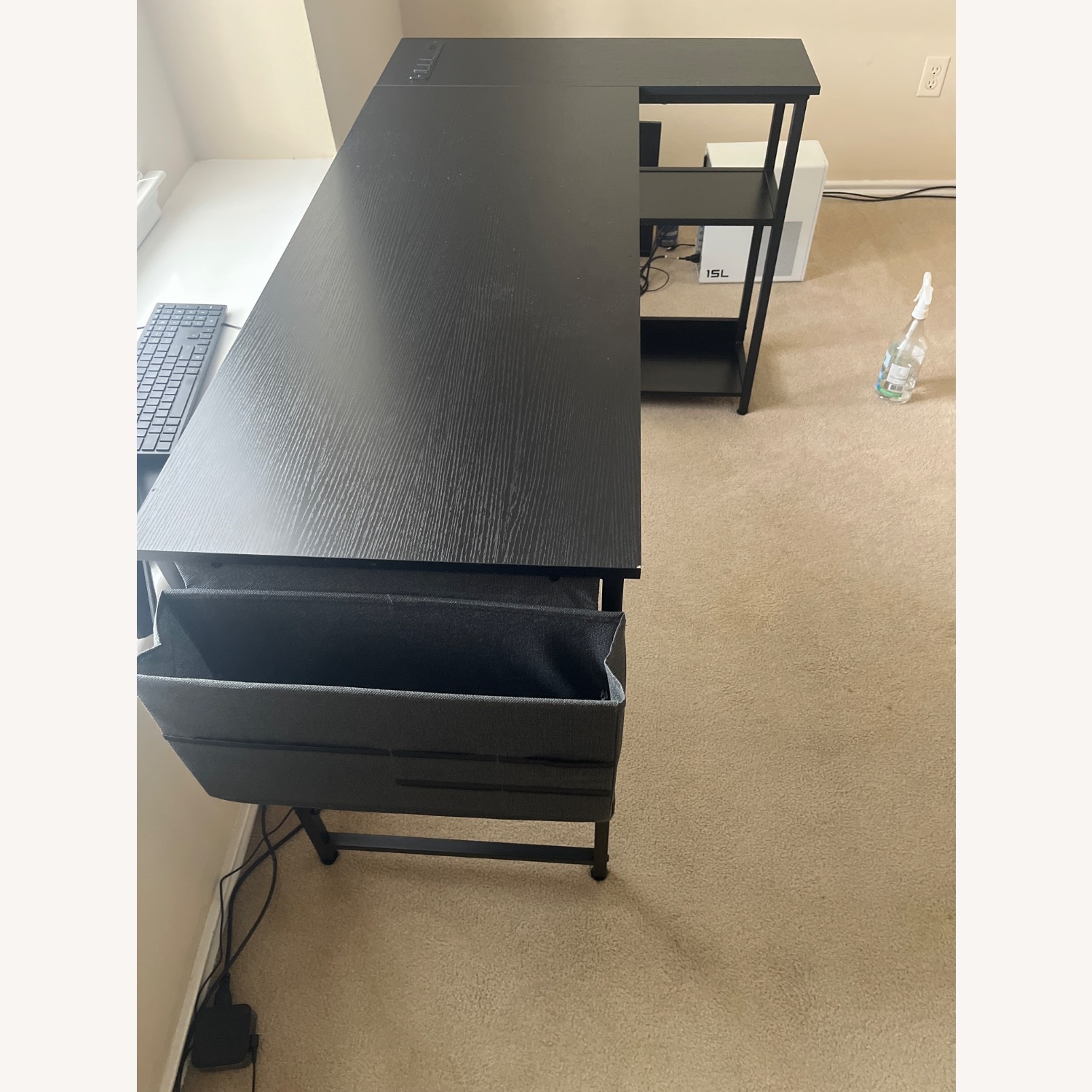 L- Shaped Black Wood Desk with Basket and Outlets - image-2