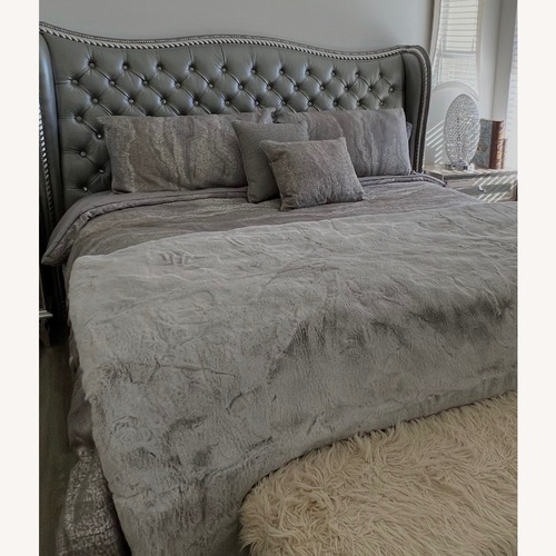 Used Michael Amini Tufted Hollywood Style Grey King Bed for sale on AptDeco
