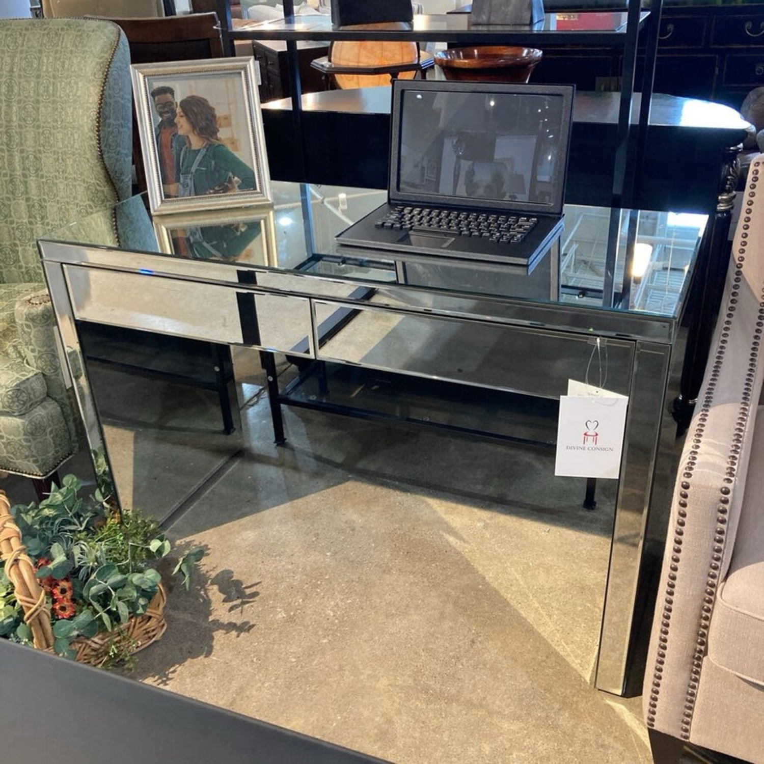 2-Drawer Mirrored Desk w Electrical Power - image-3