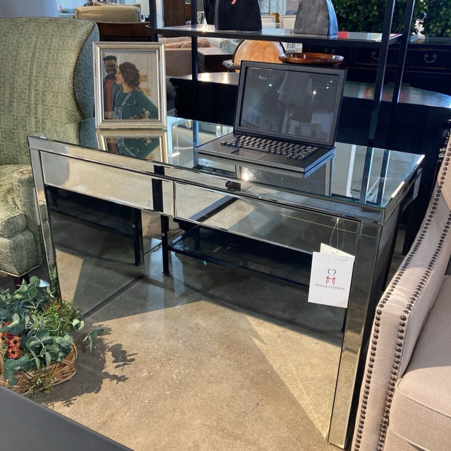 2-Drawer Mirrored Desk w Electrical Power - image-2