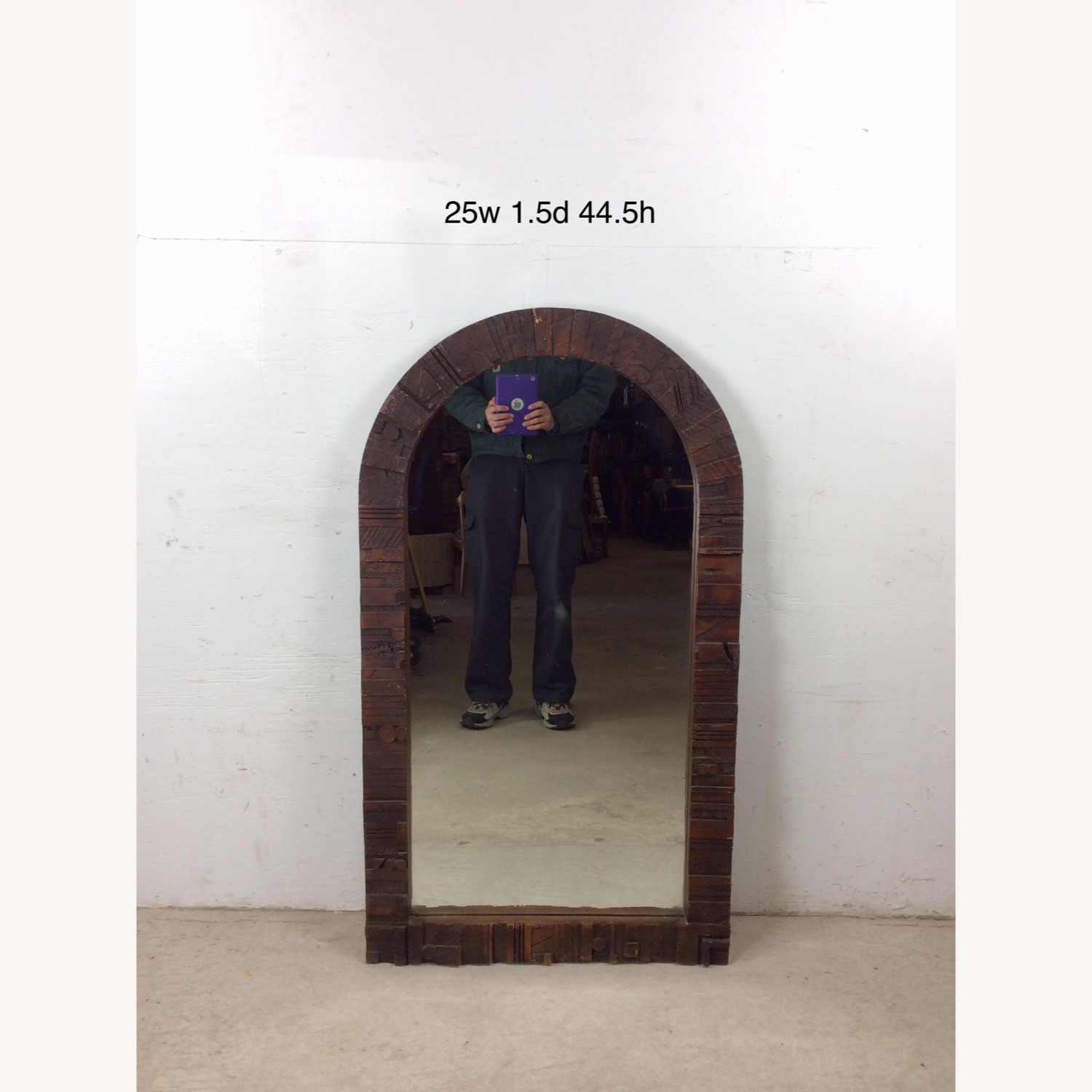 MCM Arch Top Wall Mirror with Brutalist Frame - image-18