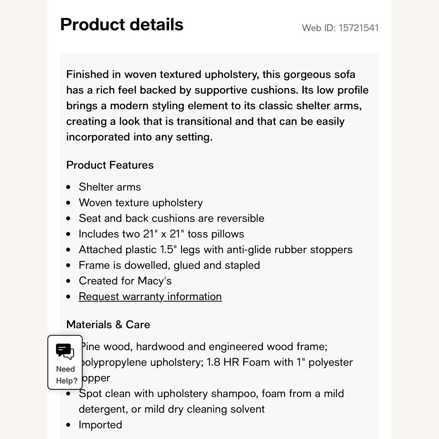 Macy's White Kendrah 80” Fabric Sofa - image-9