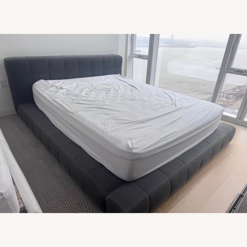 Used Pottery Barn Baldwin Blue Fabric Queen Bed for sale on AptDeco