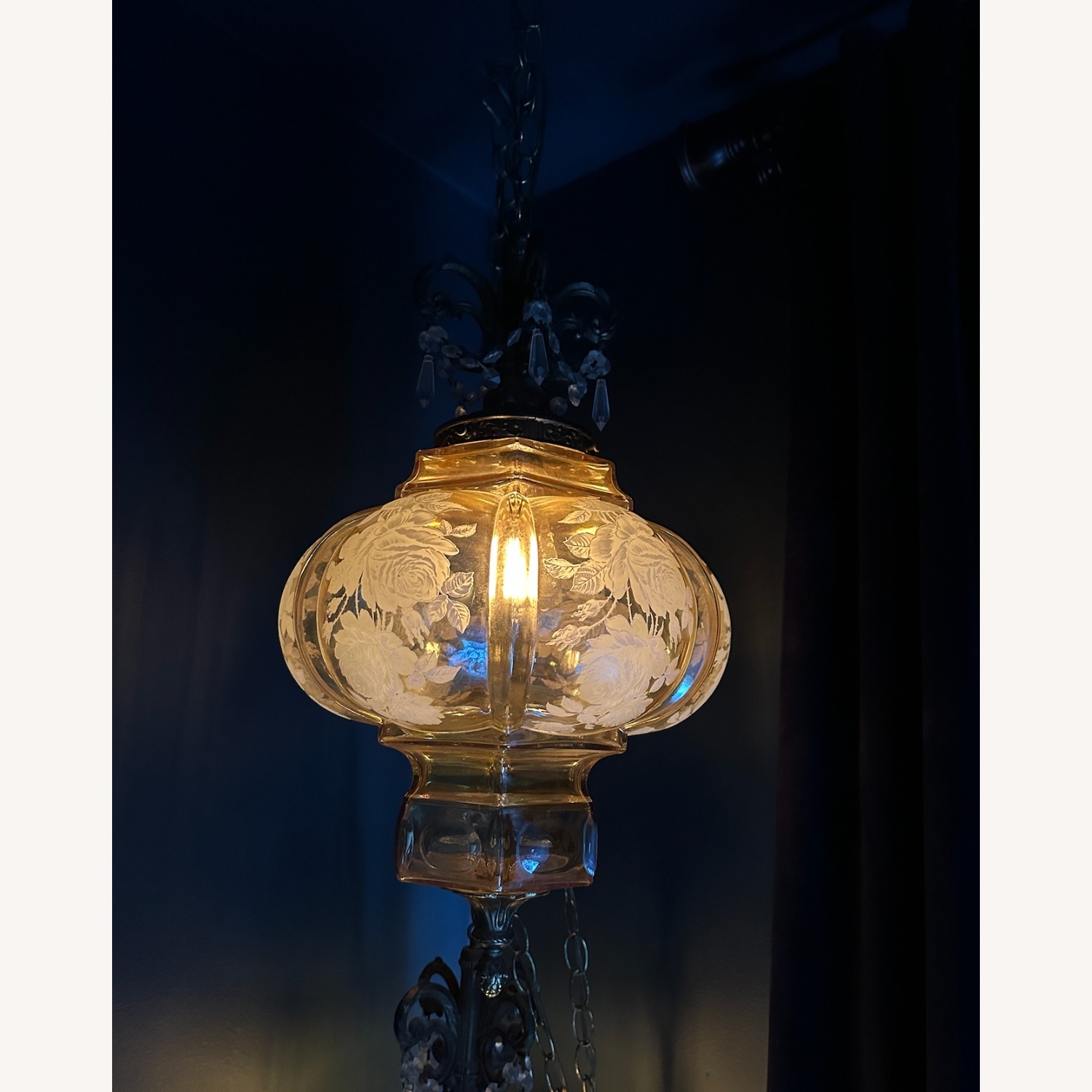 Pair of Vintage Etched Glass Swag Lamps - image-4