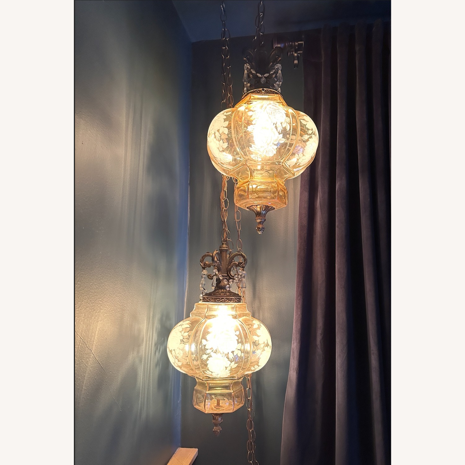 Pair of Vintage Etched Glass Swag Lamps - image-1