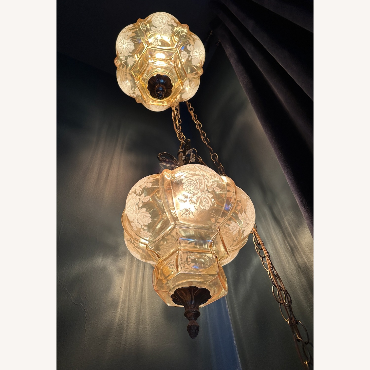 Pair of Vintage Etched Glass Swag Lamps - image-5