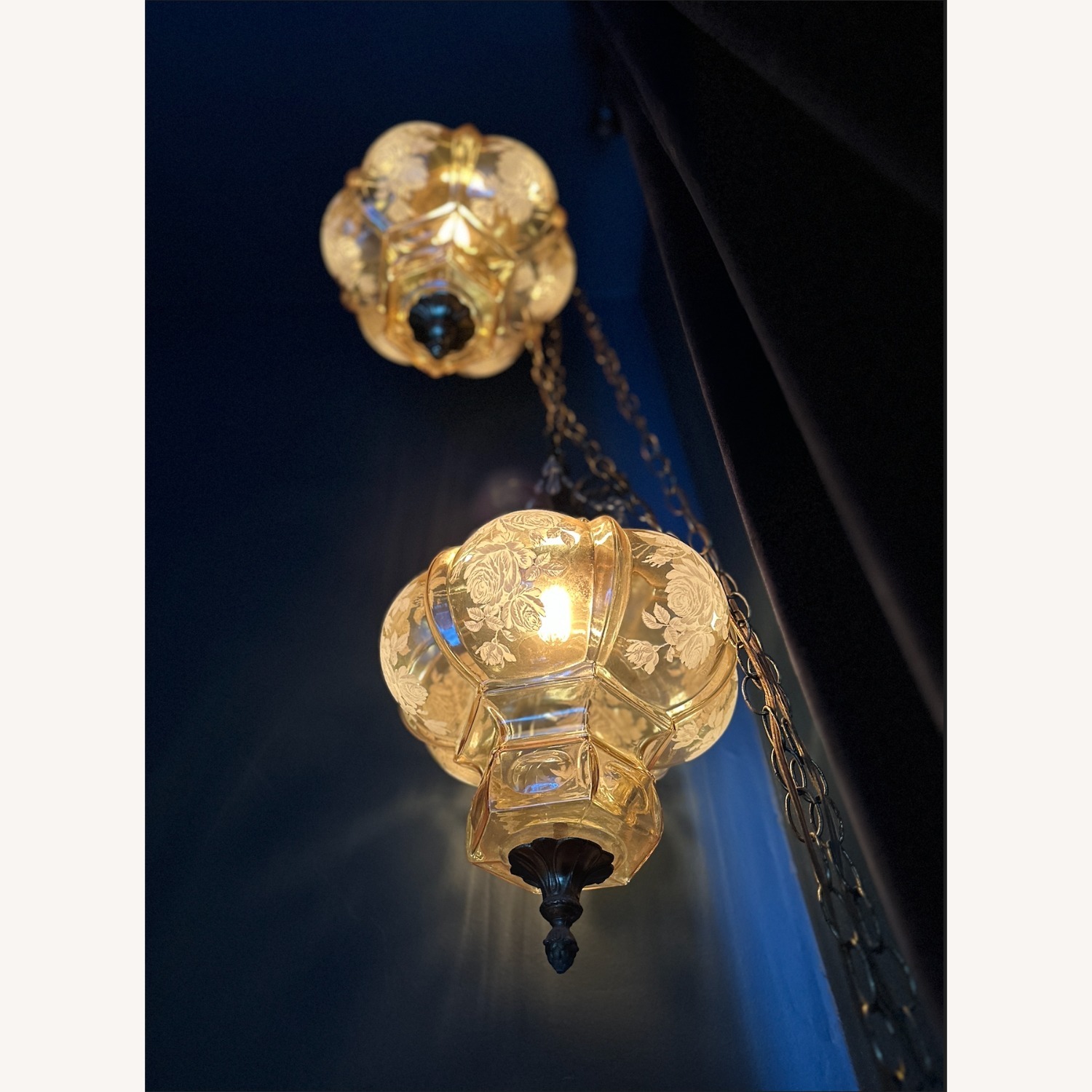 Pair of Vintage Etched Glass Swag Lamps - image-6
