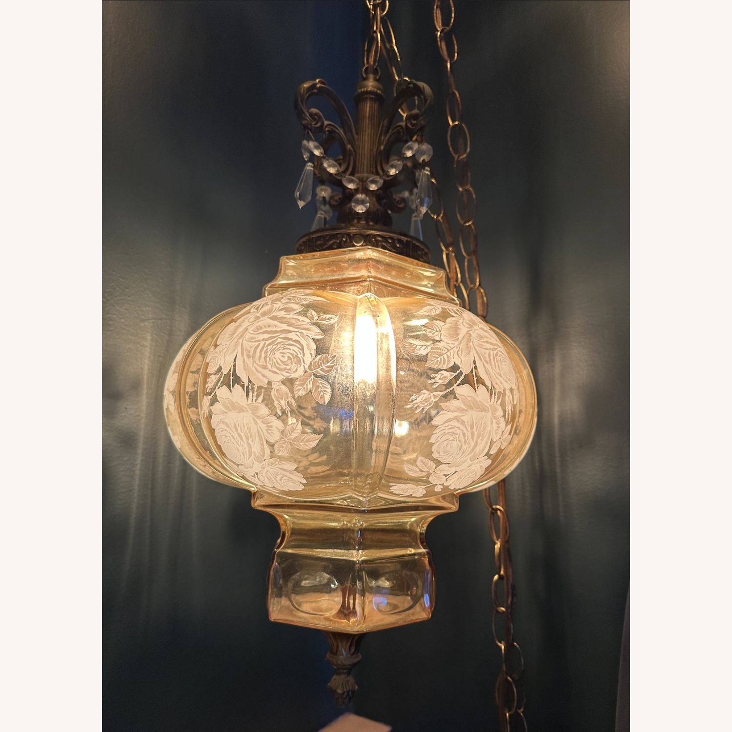 Pair of Vintage Etched Glass Swag Lamps - image-3