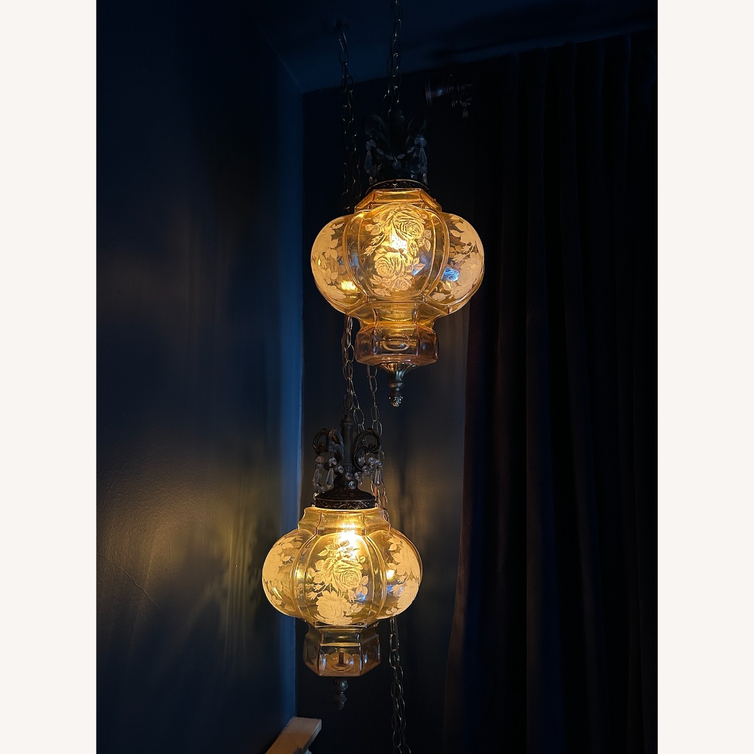 Pair of Vintage Etched Glass Swag Lamps - image-2