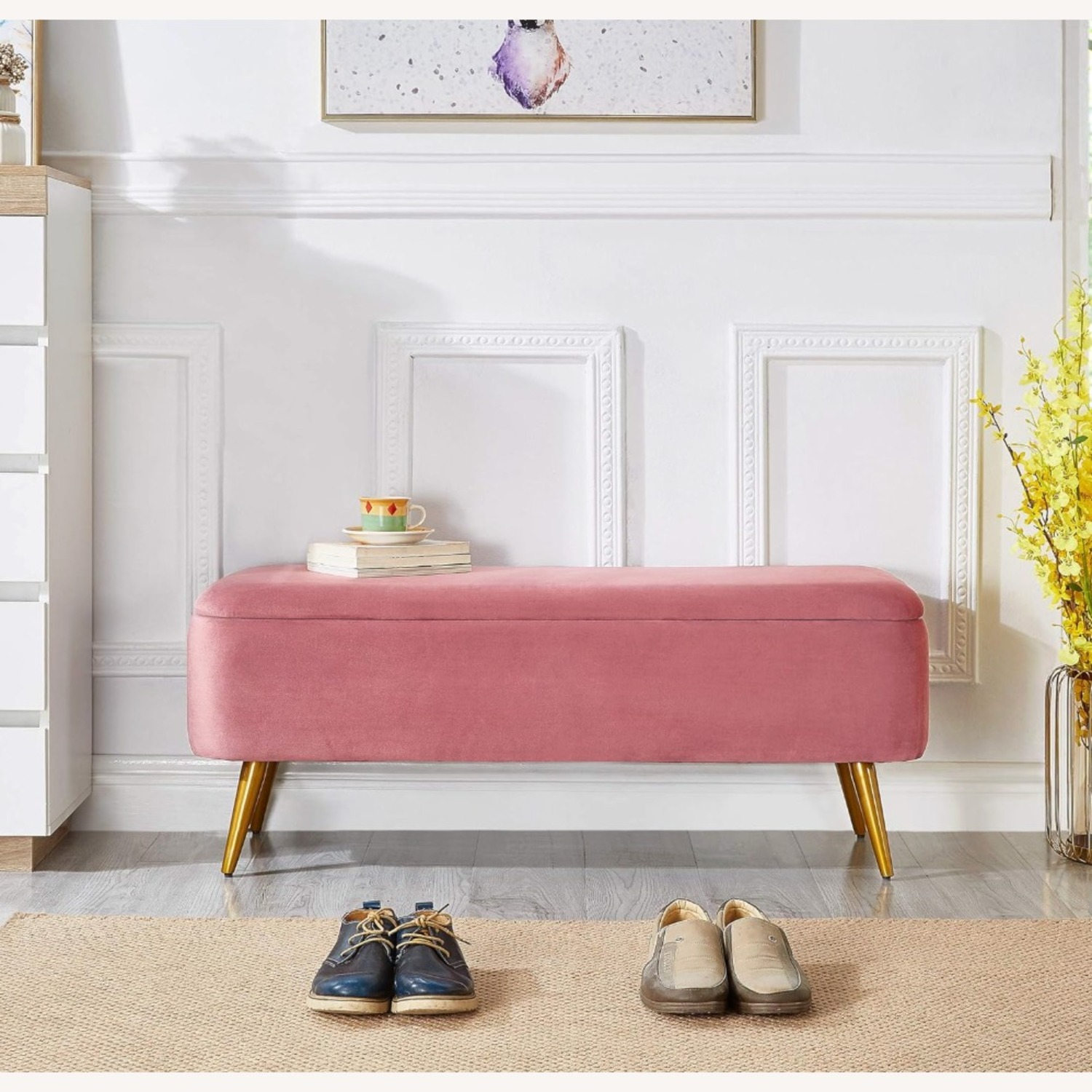 Upholstered Rose Pink Velvet Storage Bench - image-1