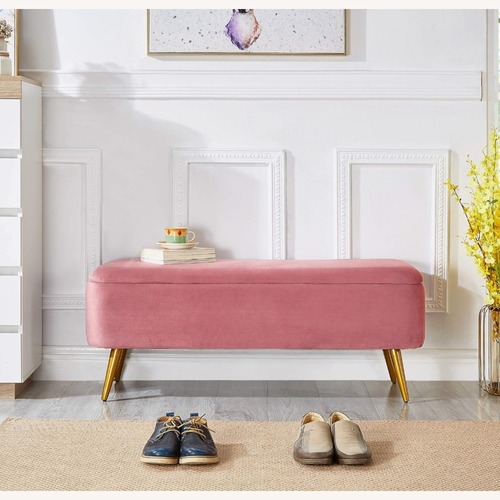 Used Upholstered Rose Pink Velvet Storage Bench for sale on AptDeco