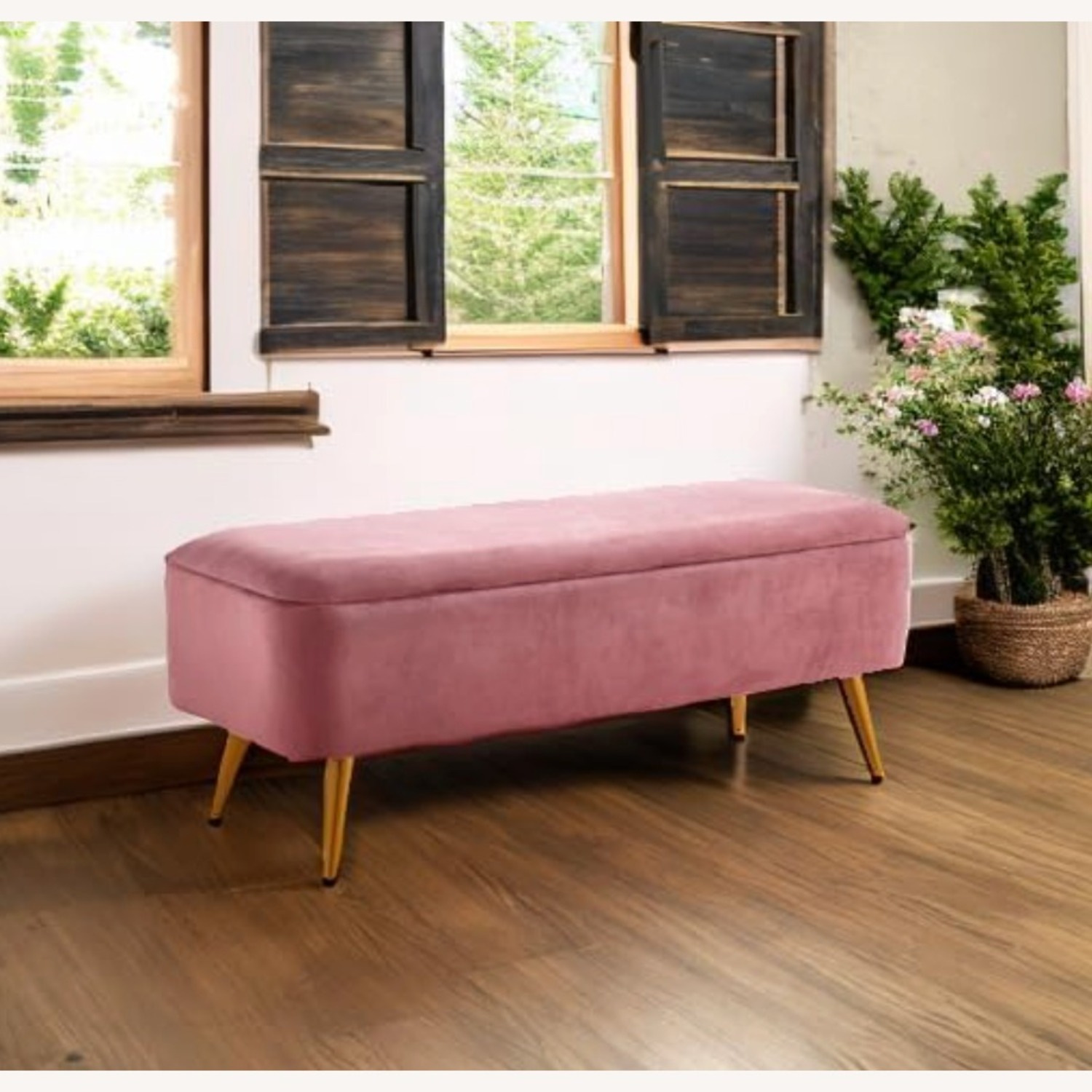 Upholstered Rose Pink Velvet Storage Bench - image-4