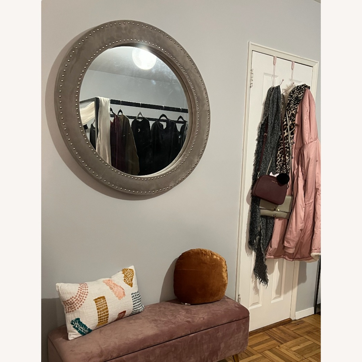 West Elm Upholstered Round Wall Mirror Dove Grey - image-1