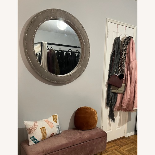 Used West Elm Upholstered Round Wall Mirror Dove Grey for sale on AptDeco