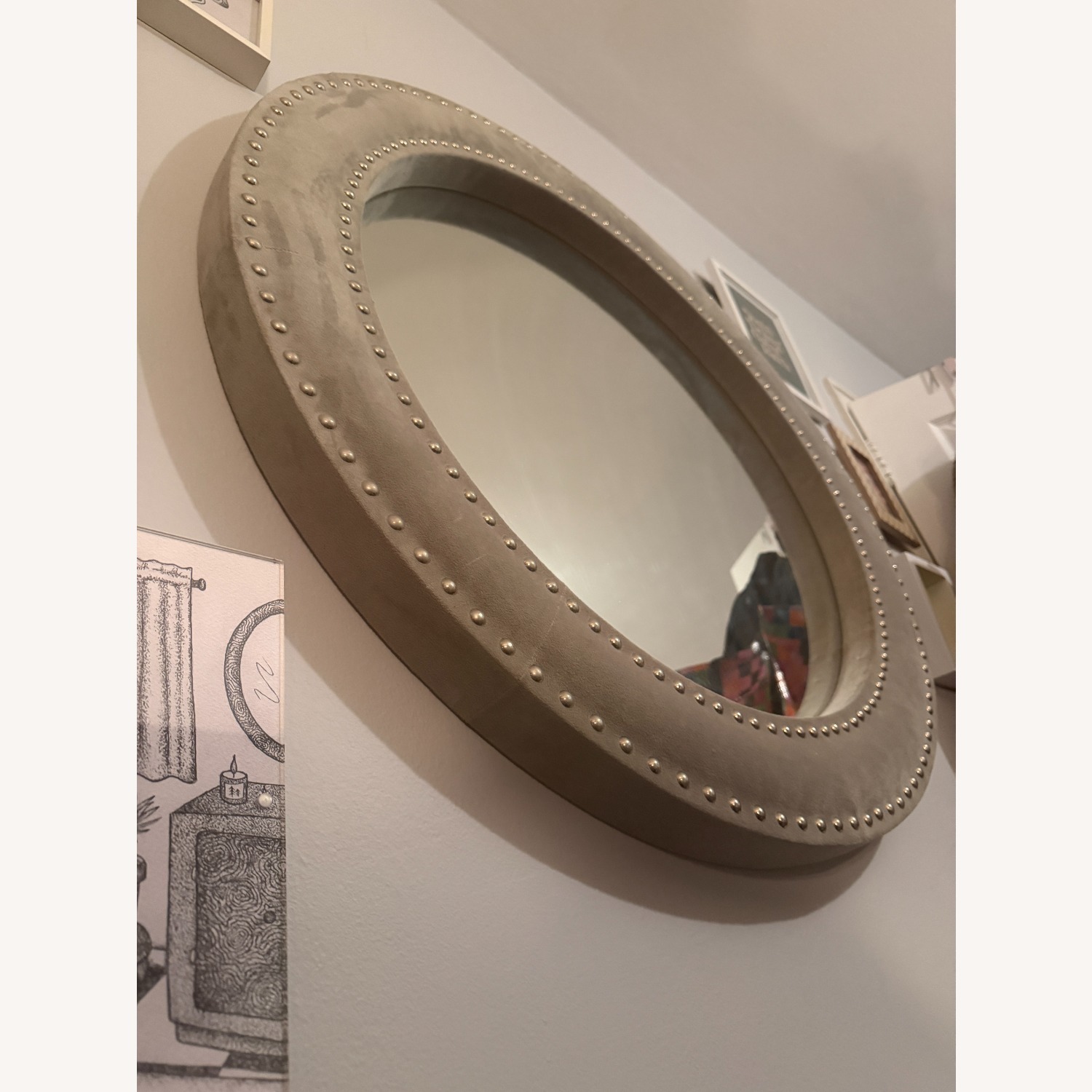 West Elm Upholstered Round Wall Mirror Dove Grey - image-3