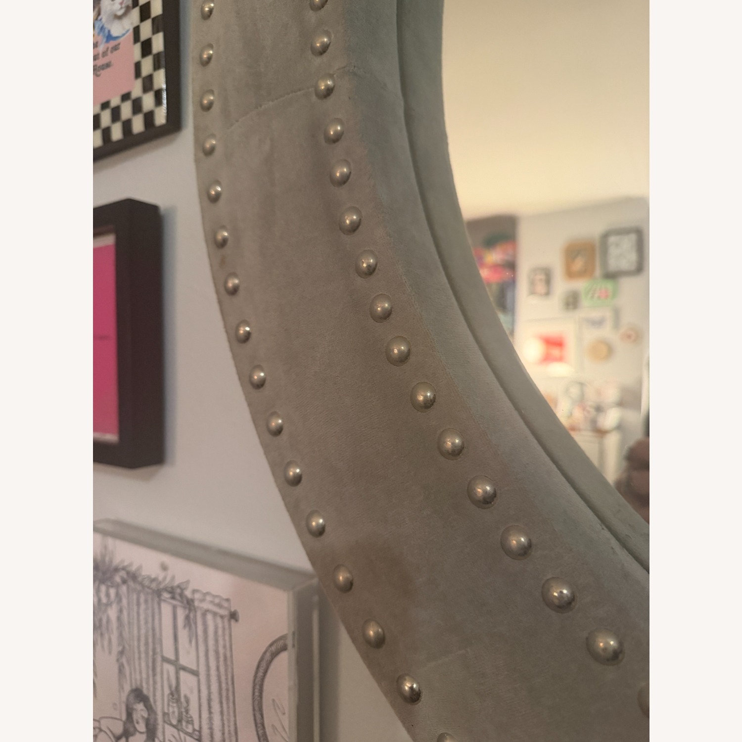 West Elm Upholstered Round Wall Mirror Dove Grey - image-2