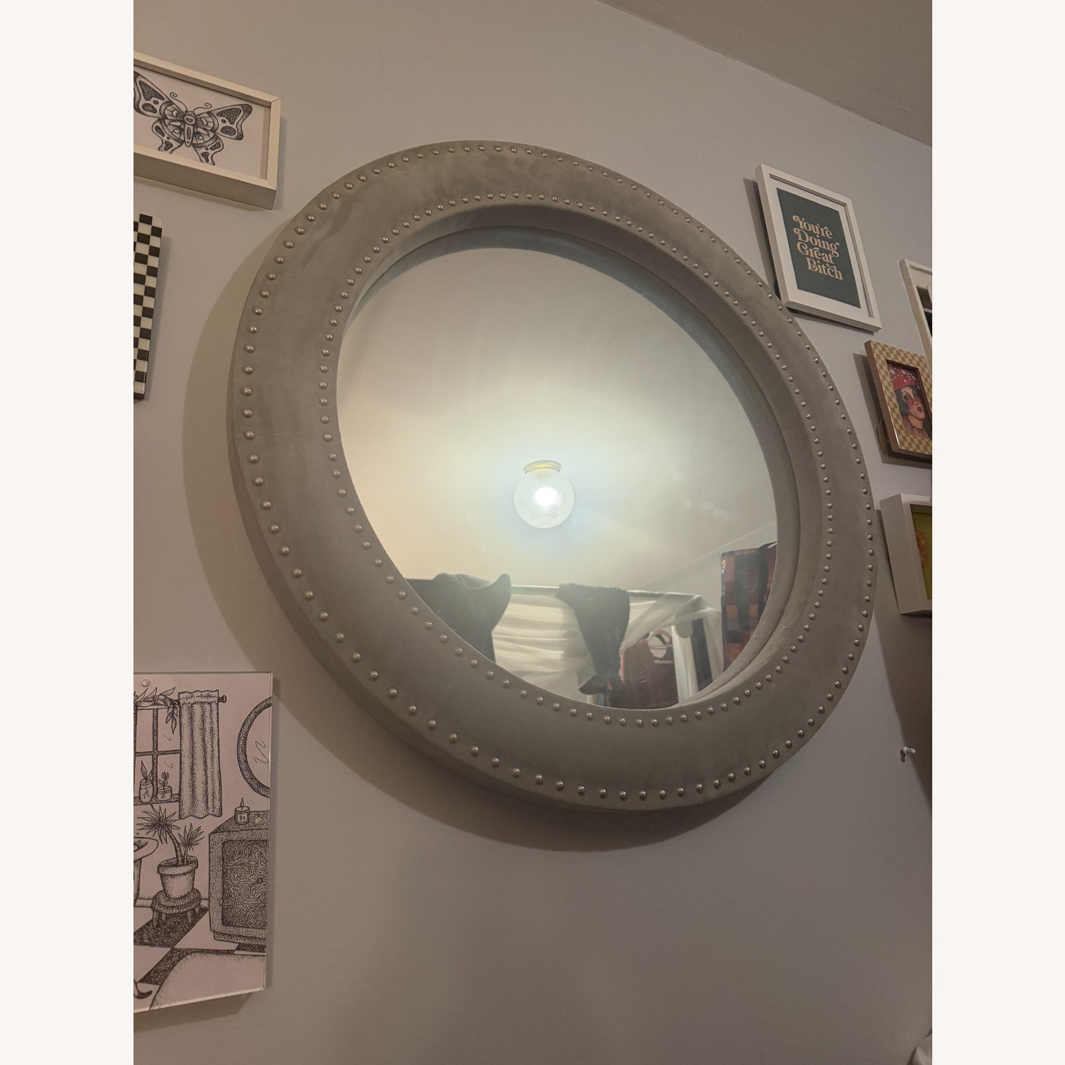 West Elm Upholstered Round Wall Mirror Dove Grey - image-4