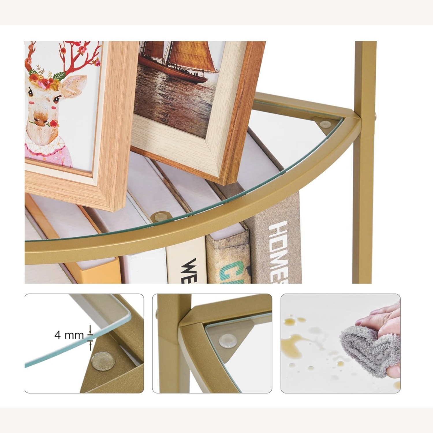 Gold 5-Tier Corner Metal Bookshelf Glass Shelves - image-3