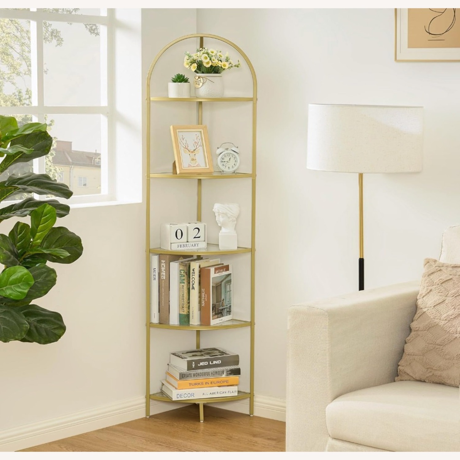 Gold 5-Tier Corner Metal Bookshelf Glass Shelves - image-1