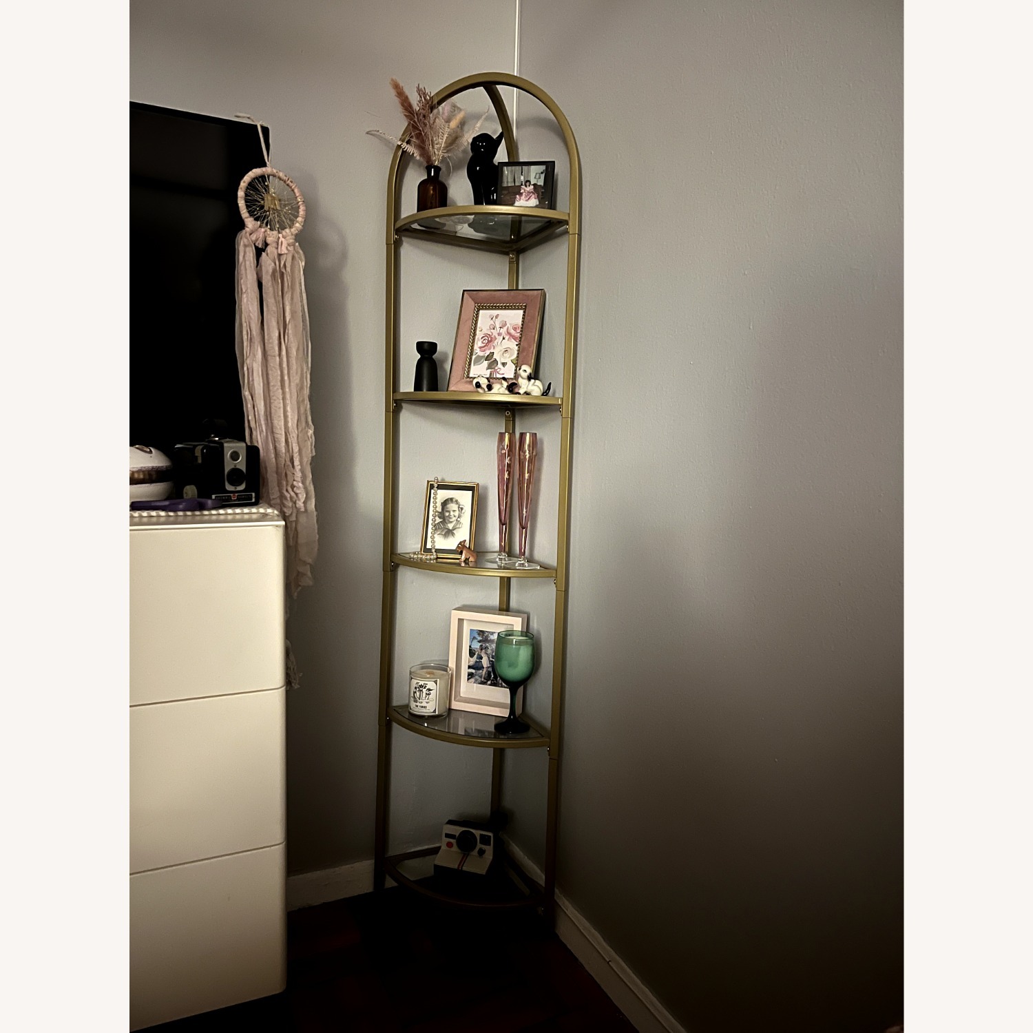 Gold 5-Tier Corner Metal Bookshelf Glass Shelves - image-4