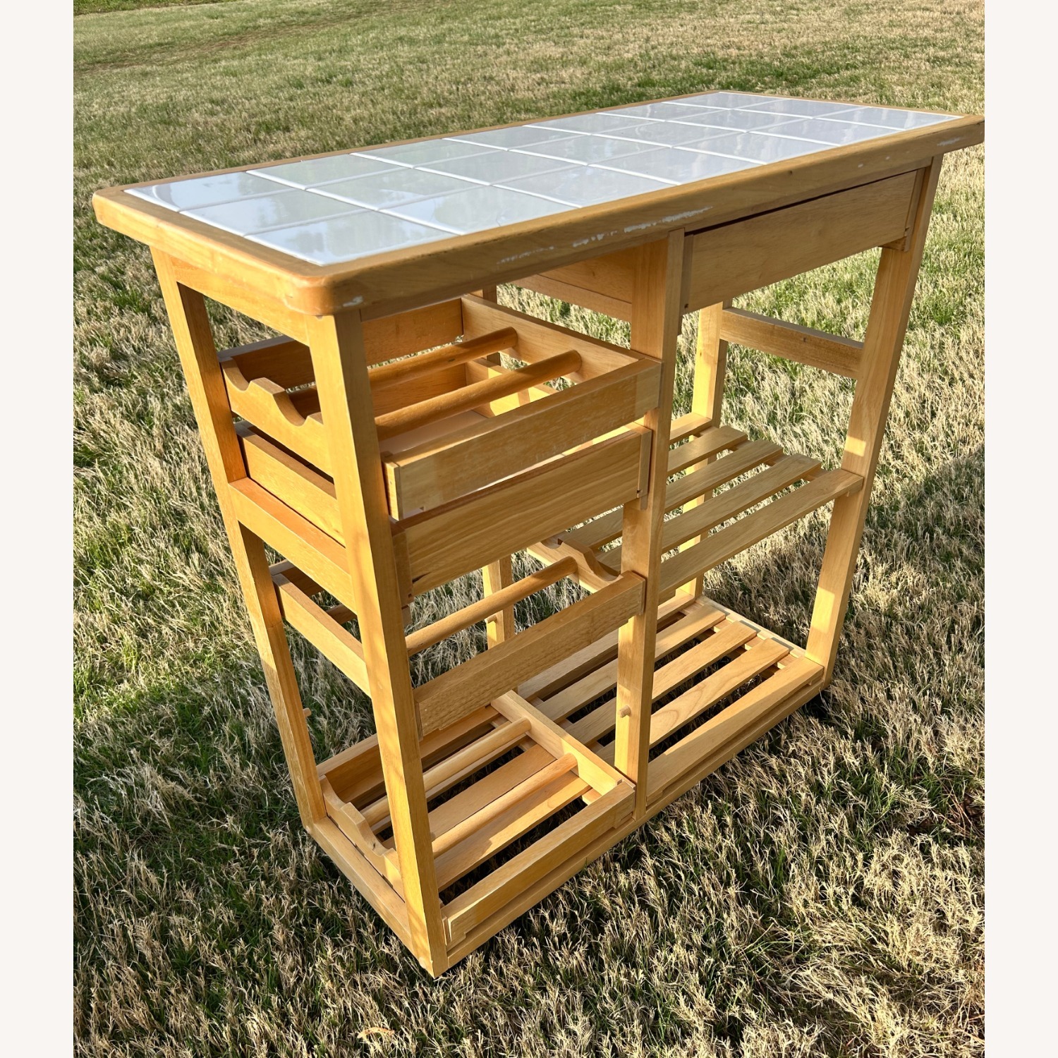 Vintage Light Oak Natural Wood Bar Cart w Wheels - image-3