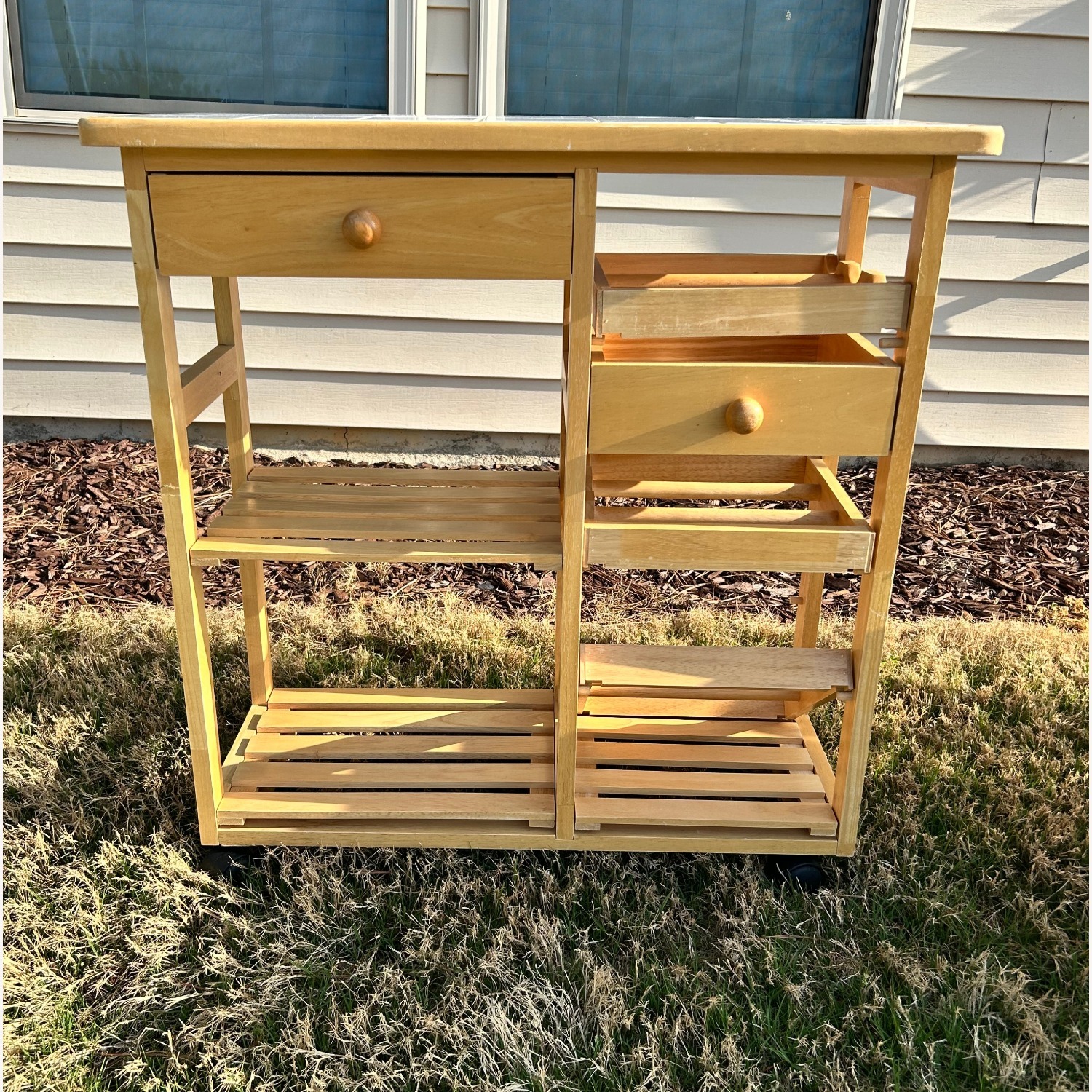 Vintage Light Oak Natural Wood Bar Cart w Wheels - image-2