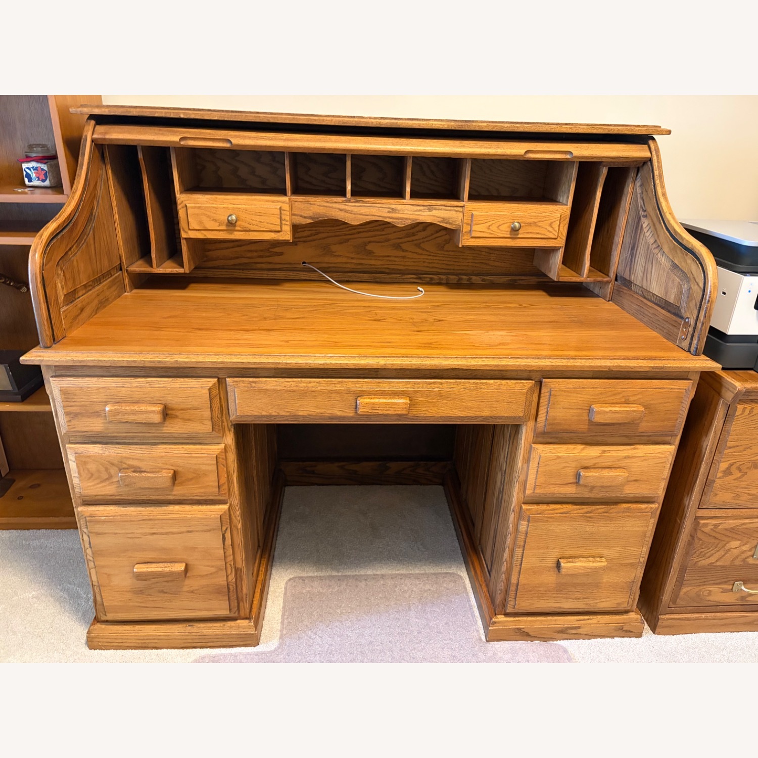 Vintage Roll Top Light Brown Wood Desk - image-5