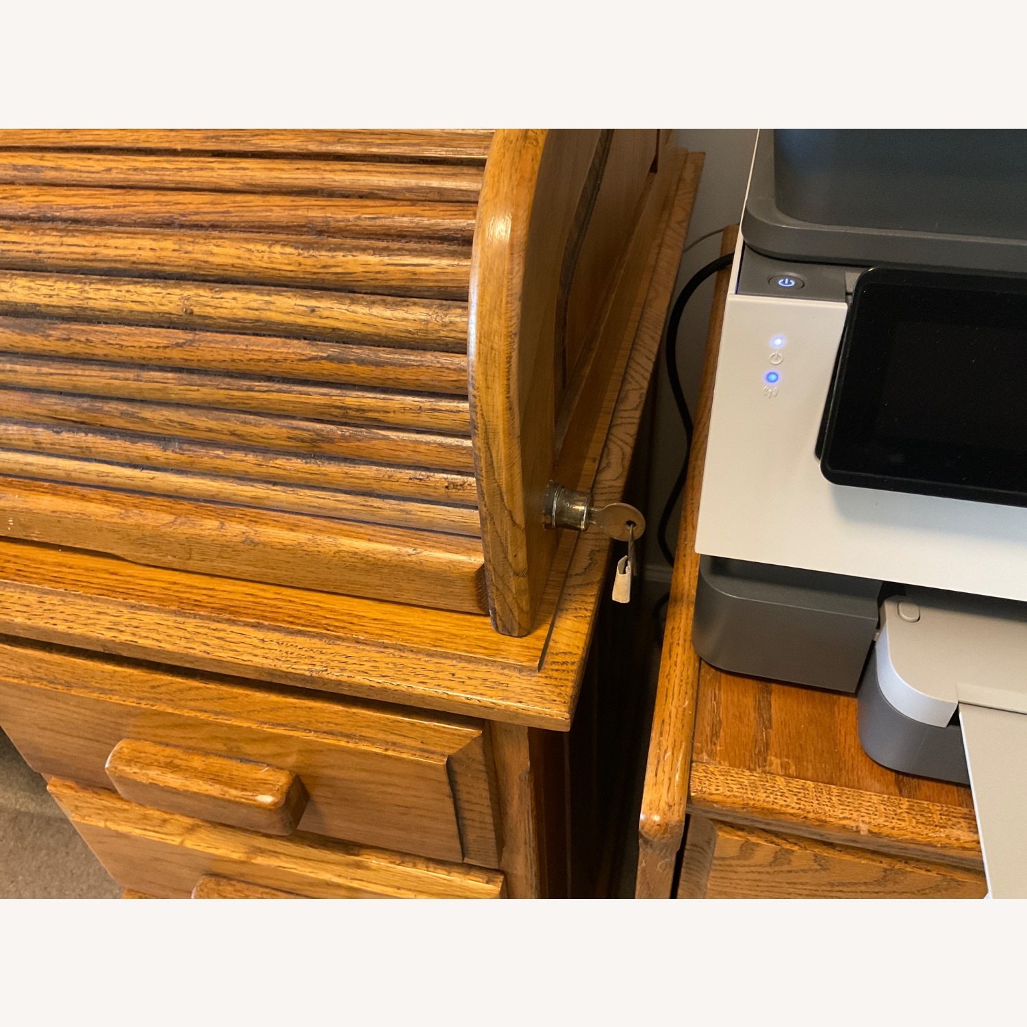 Vintage Roll Top Light Brown Wood Desk - image-7