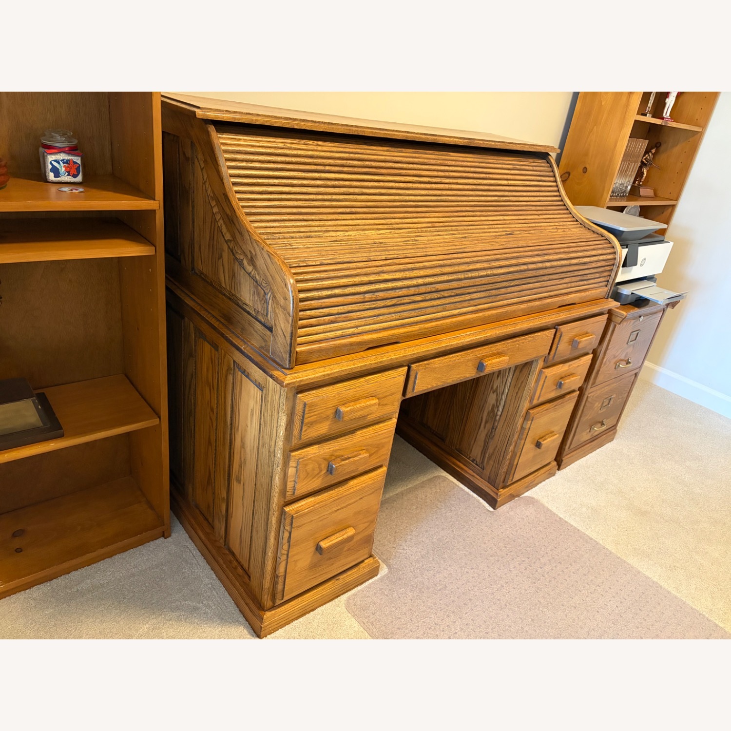 Vintage Roll Top Light Brown Wood Desk - image-2