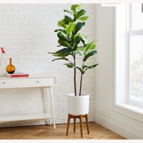 Used West Elm Faux Leaf Fig Tree+ Wood Leg Planter for sale on AptDeco