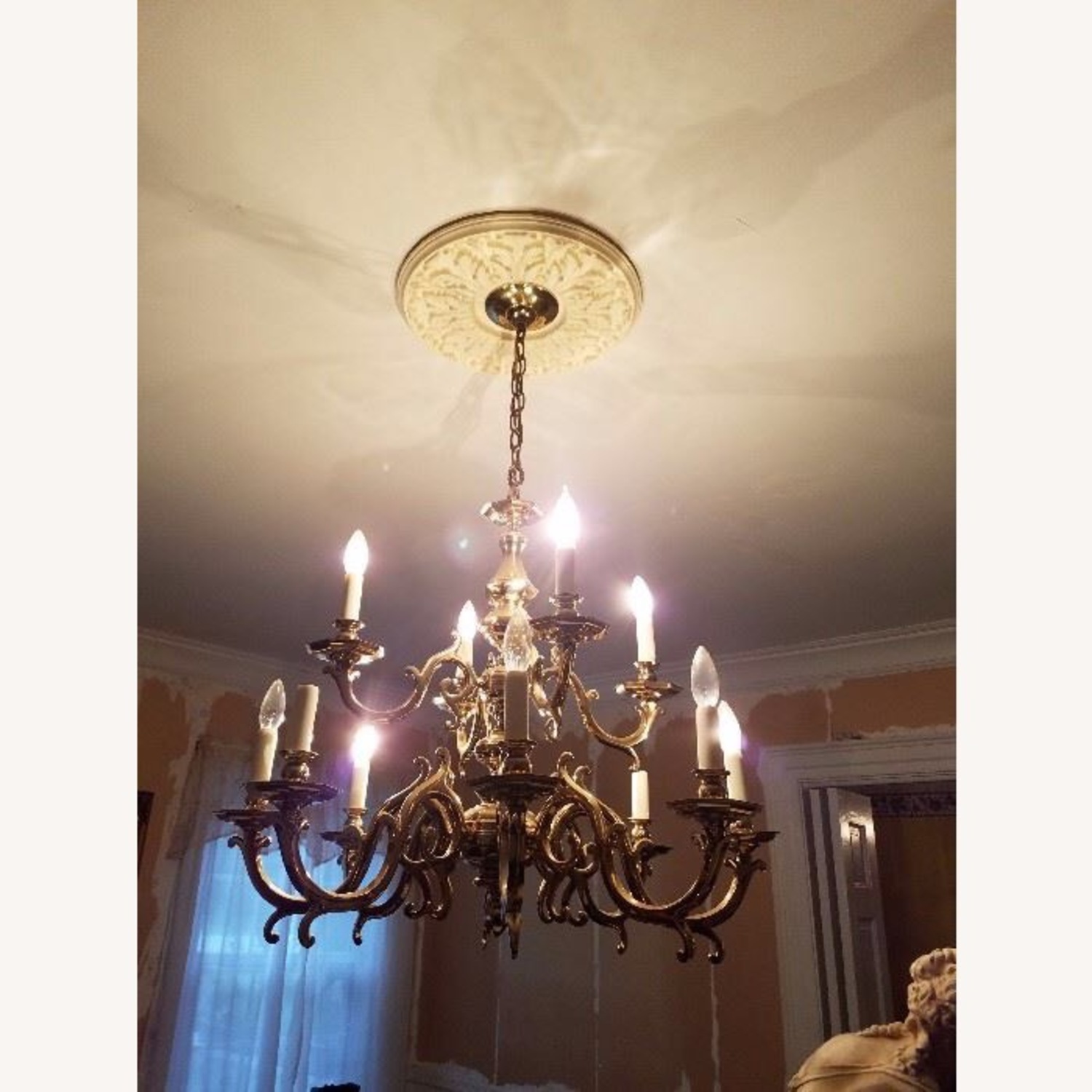 Circa 1910 Vintage/Antique Gold Brass Ceiling Lamp - image-1