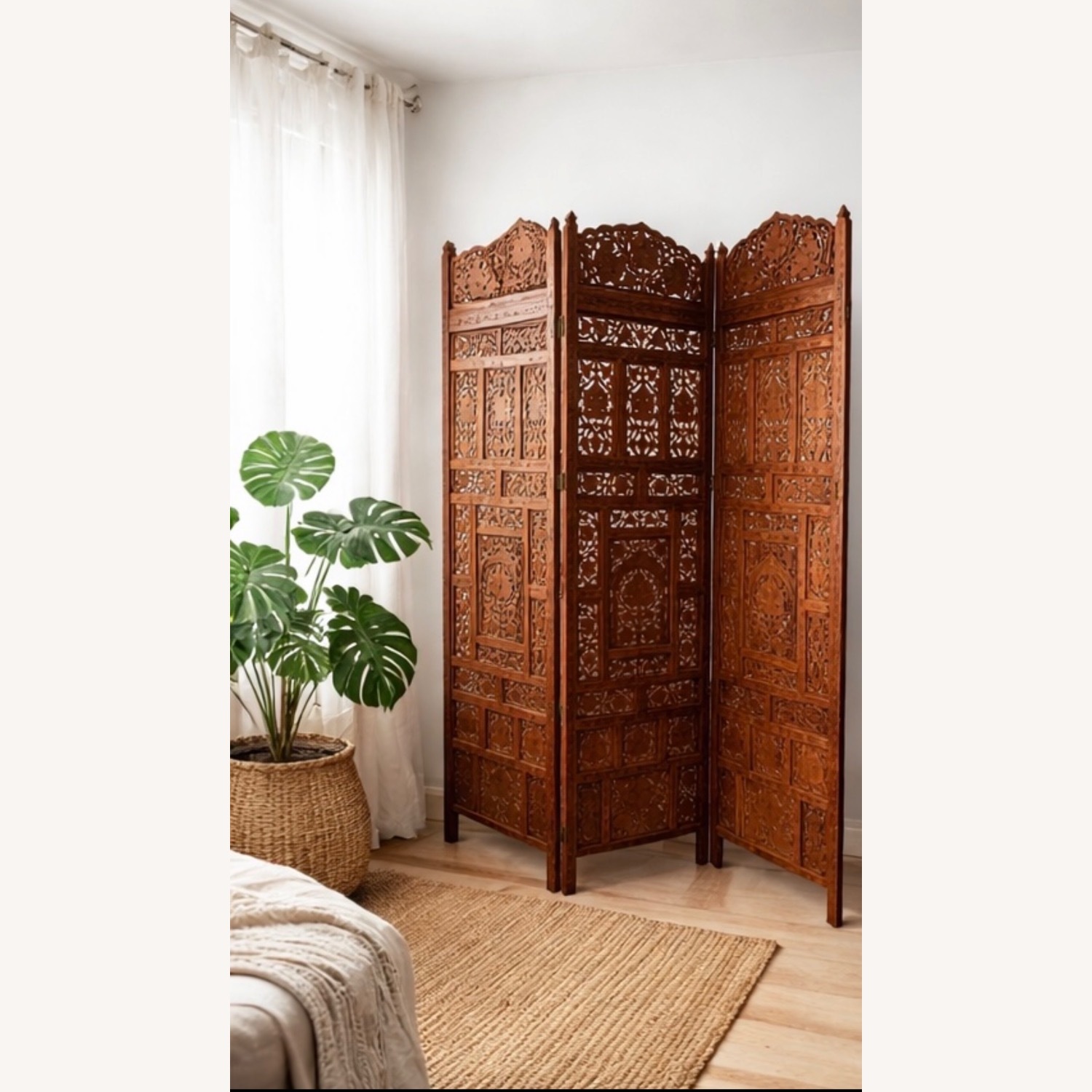 Antique Hand-Carved Wooden Folding Screen  - image-3