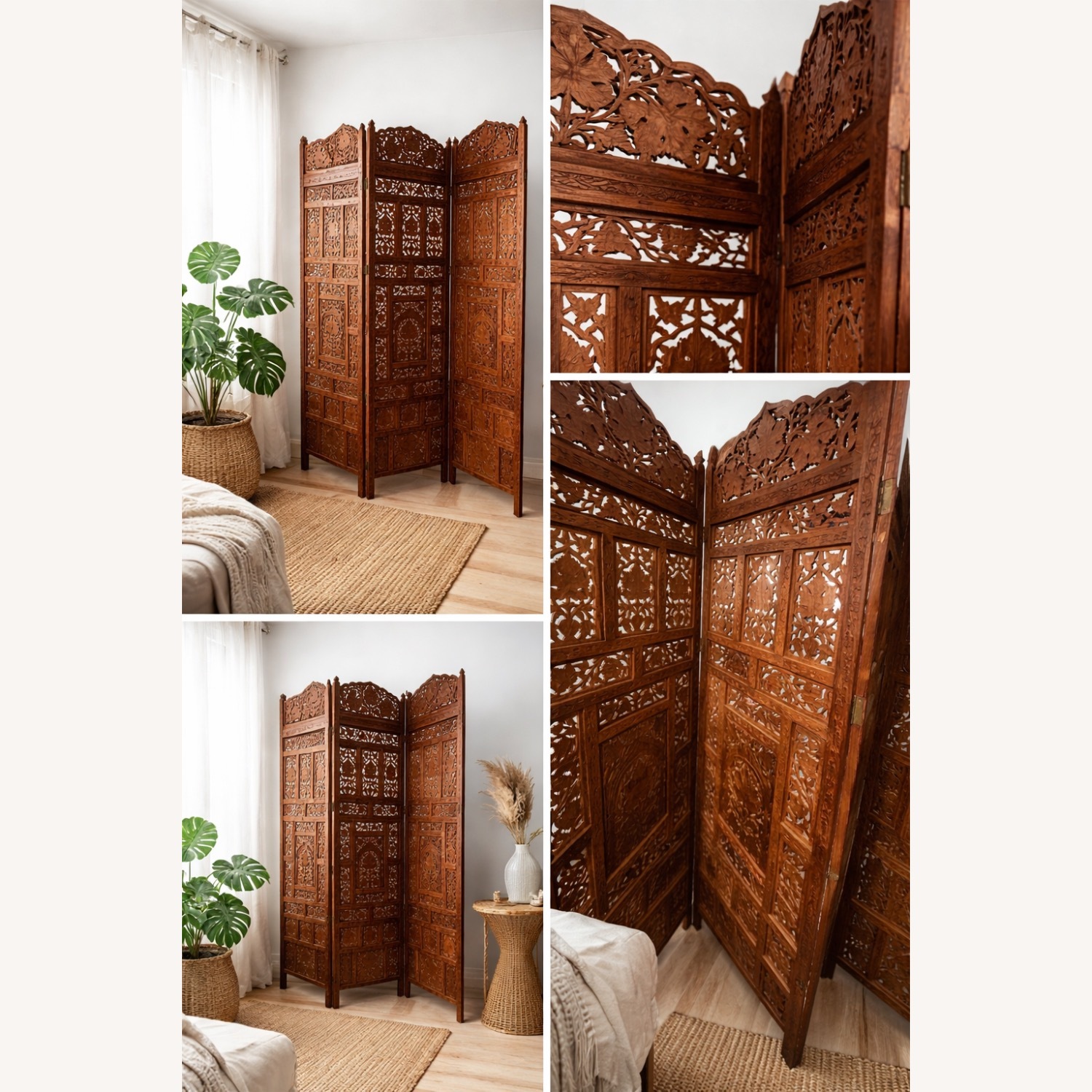 Antique Hand-Carved Wooden Folding Screen  - image-4
