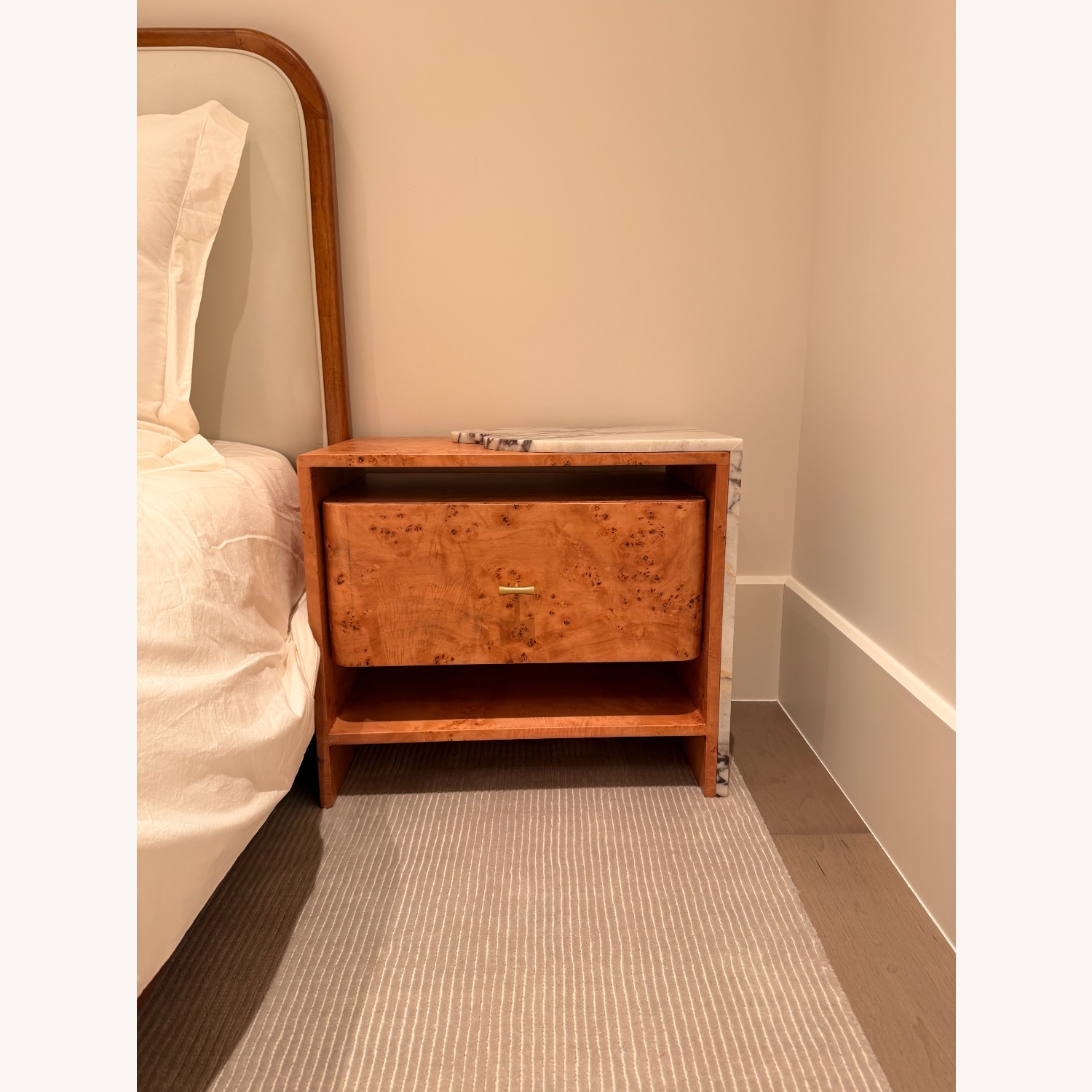 Designer Burl & Calacatta Viola Nightstands (Pair) - image-1