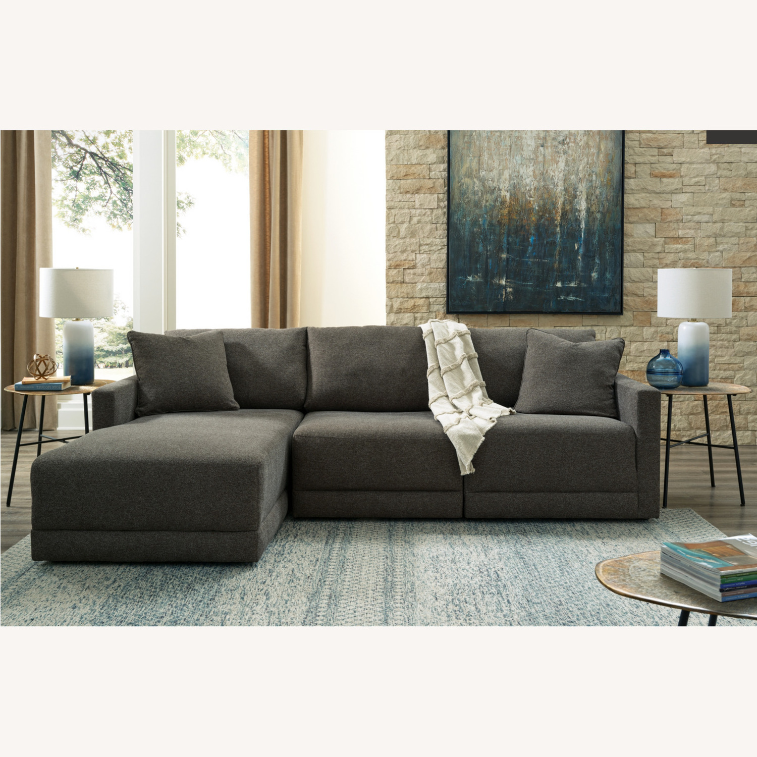 3 Piece Sectional Couch + 2 Grey Pillows - image-4