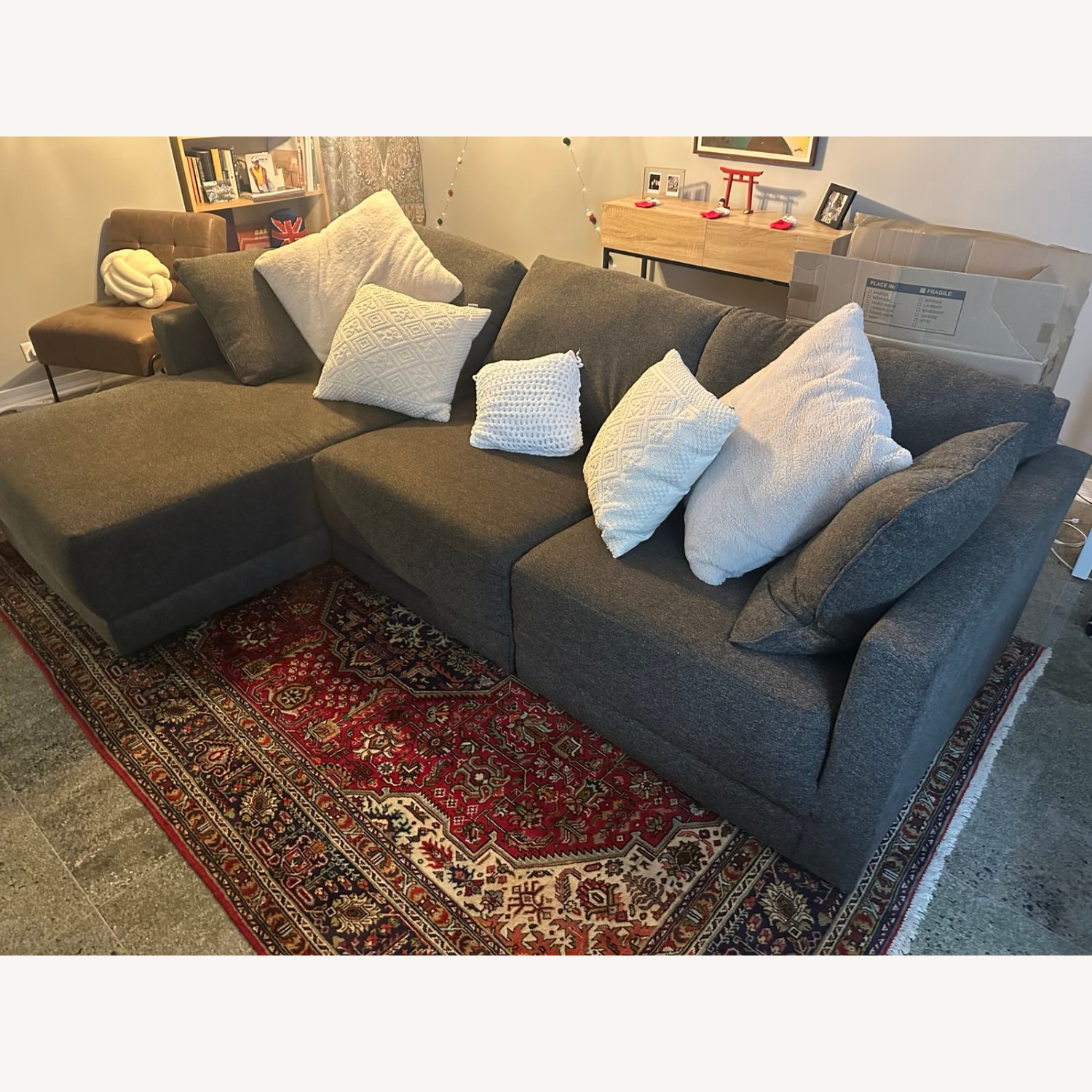 3 Piece Sectional Couch + 2 Grey Pillows - image-5