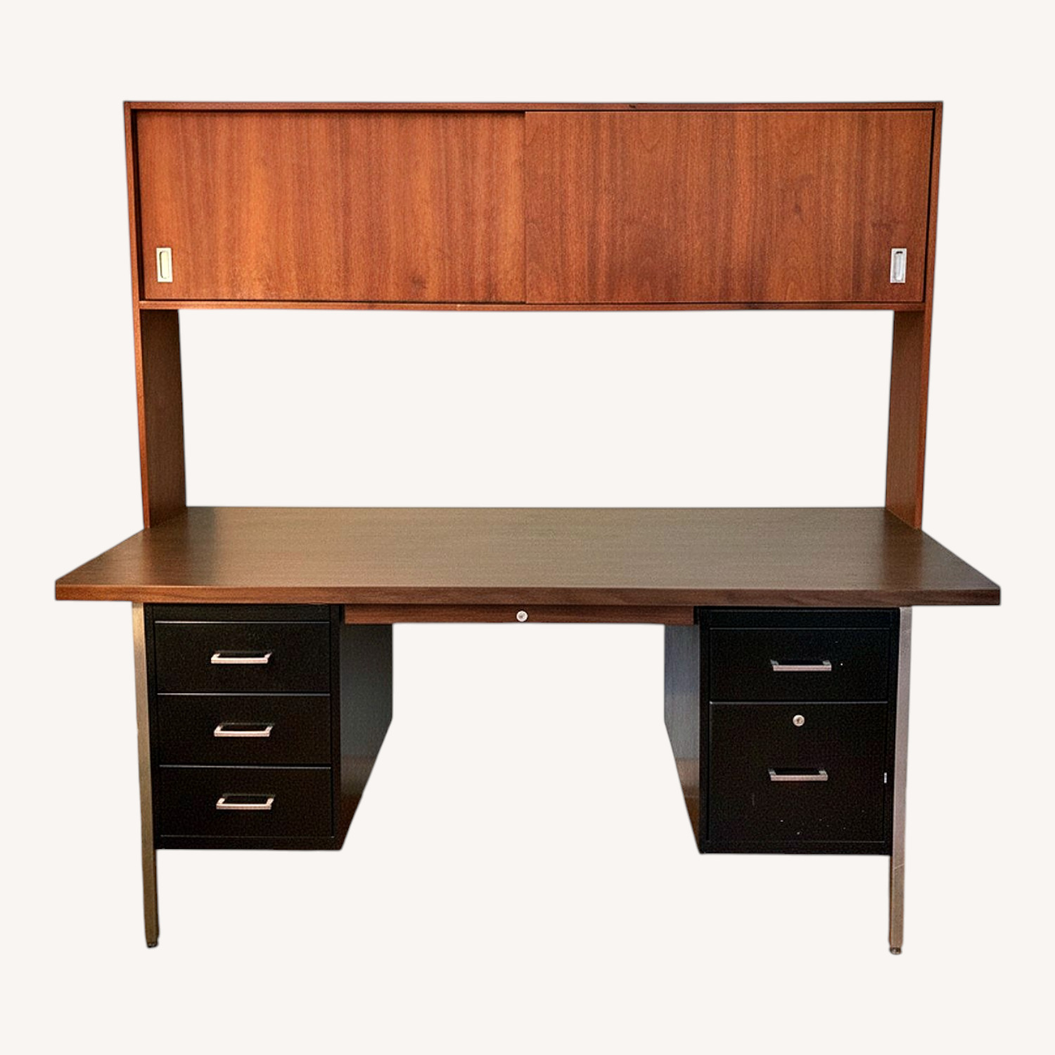Black Metal Office Desk and/or Cherrywood Hutch - image-0