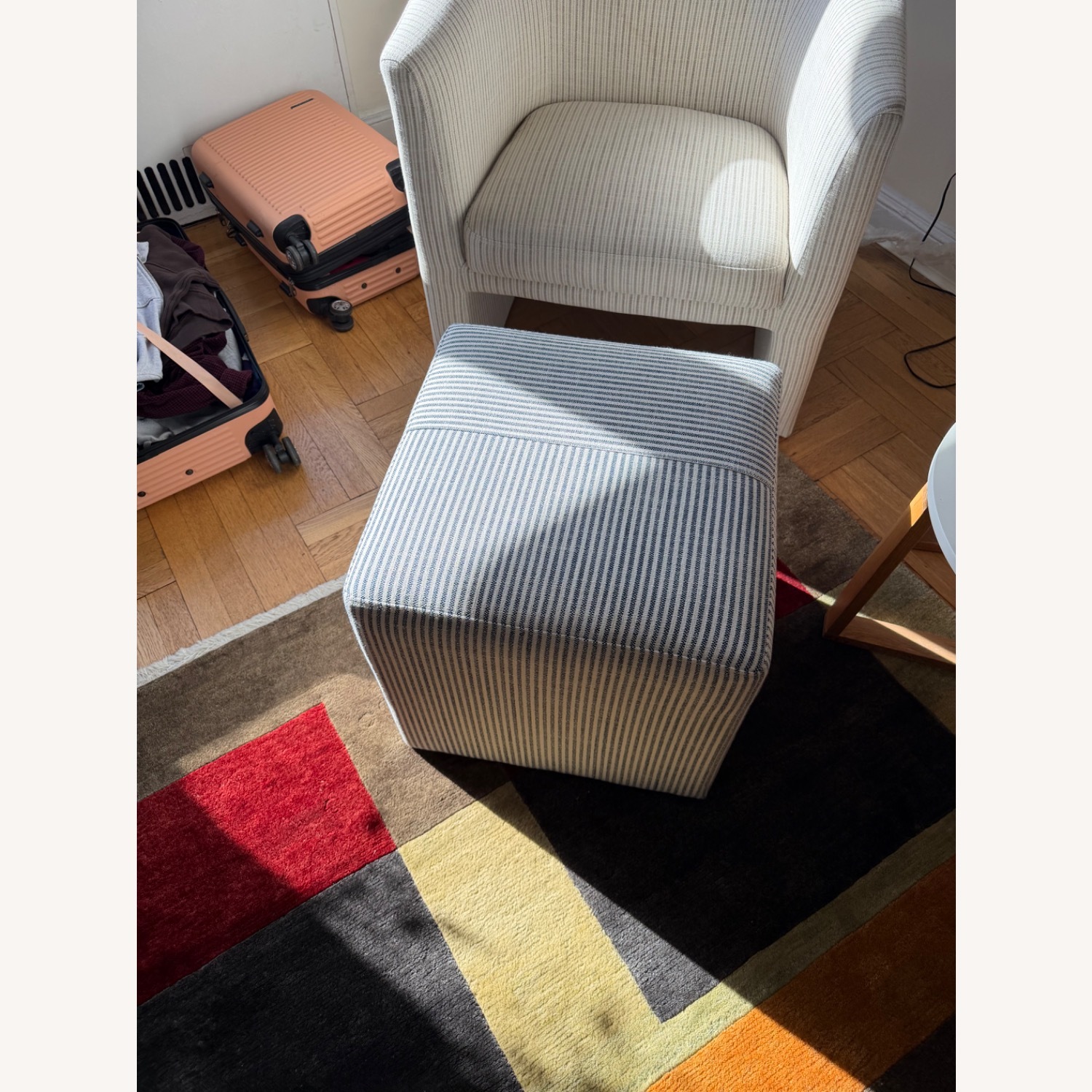 White & Blue Striped Ottoman - image-2