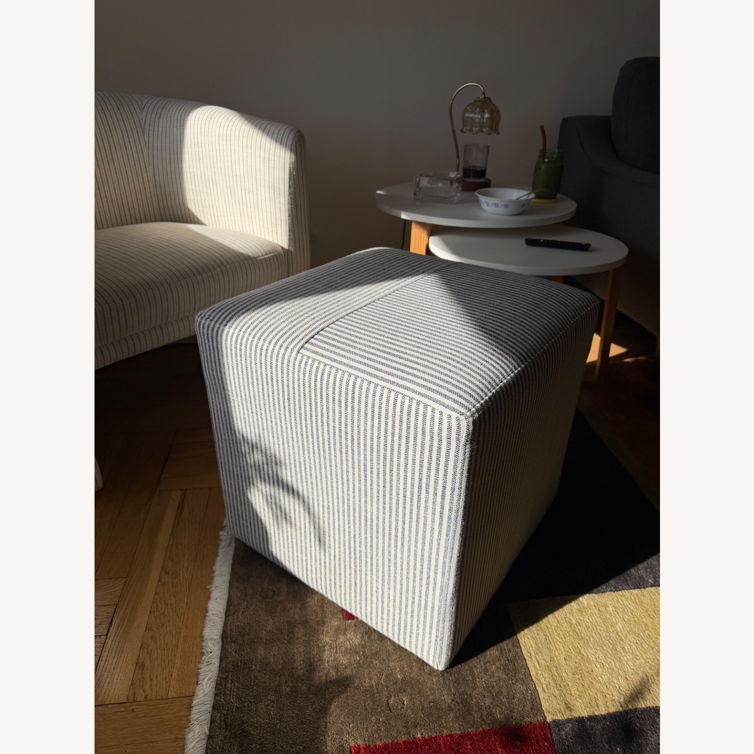 White & Blue Striped Ottoman - image-1