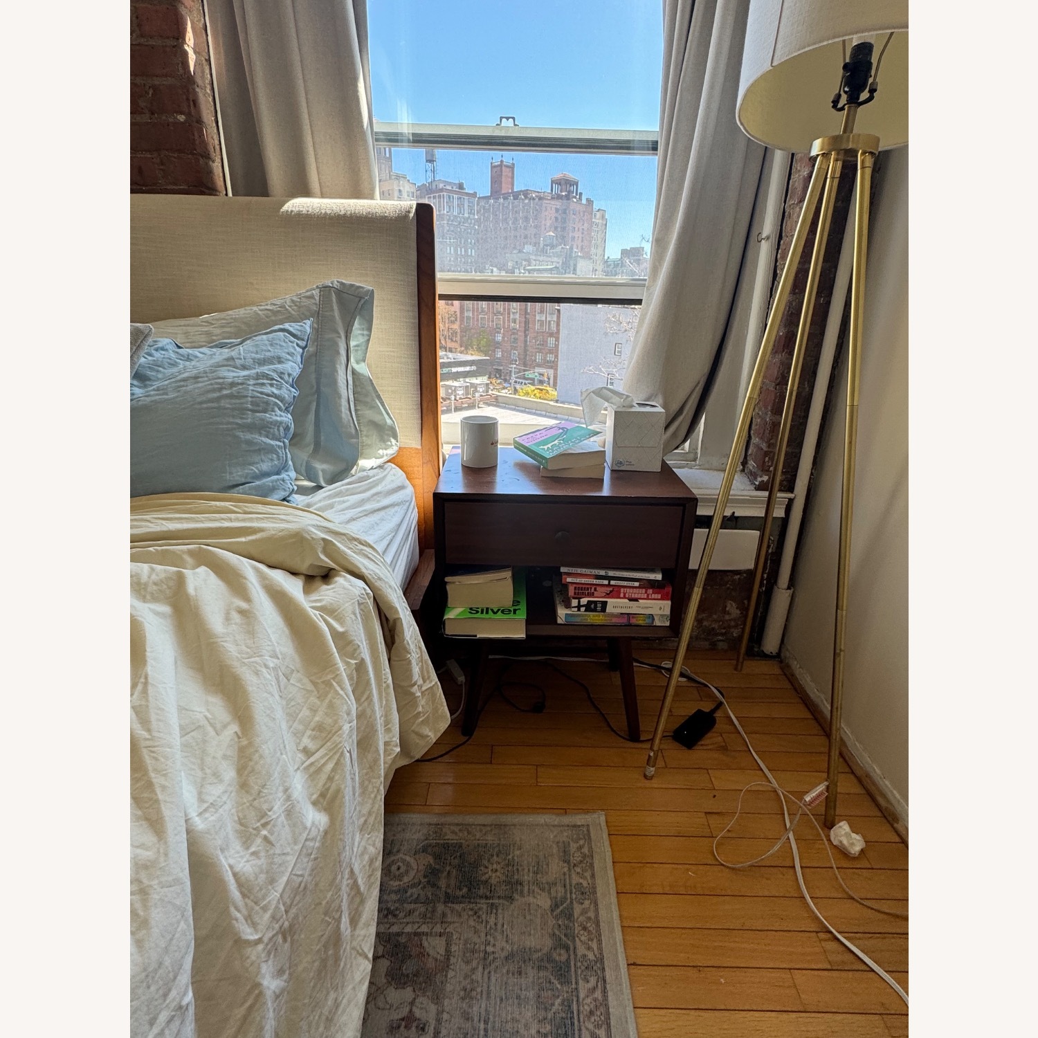 West Elm Queen Modern Bed - Cream Upholstery - image-9