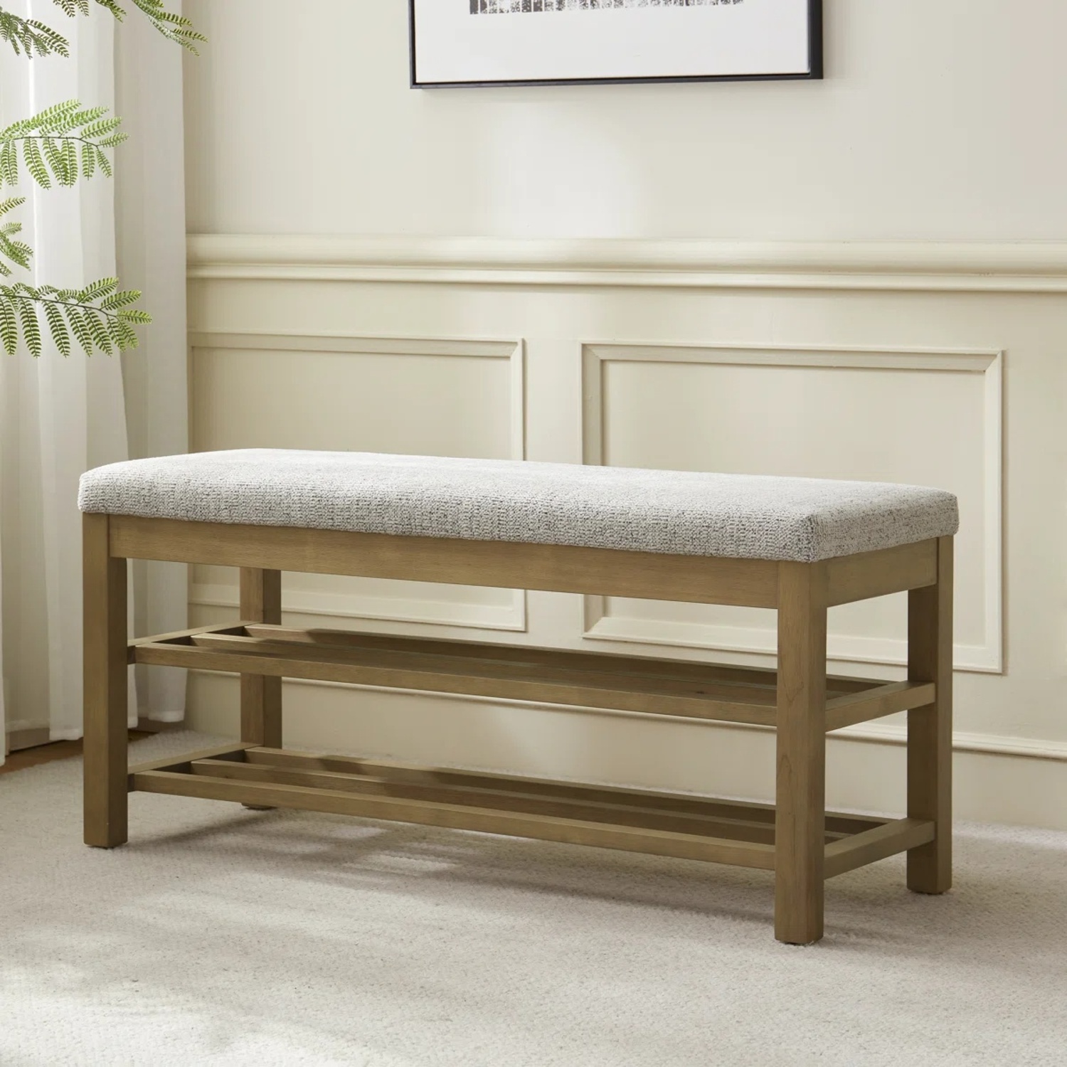 Upholstered Storage Bench W Double-Tier Shoe Rack - image-4