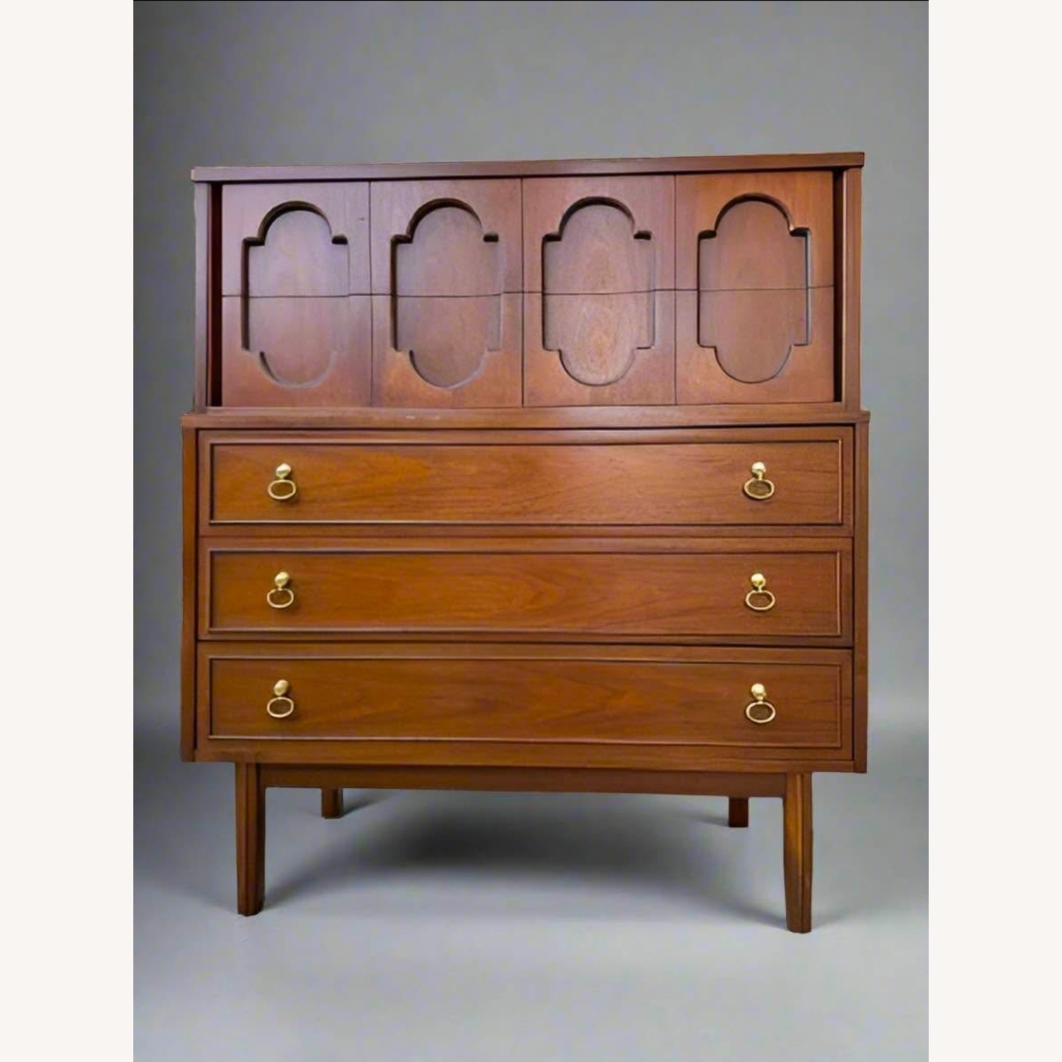 Sculpted Front Dixie MCM Walnut Highboy - image-1