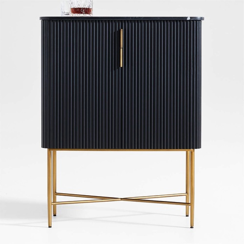 Used Crate & Barrel Fayette Black Nero Marquina Fluted Bar Cabinet for sale on AptDeco