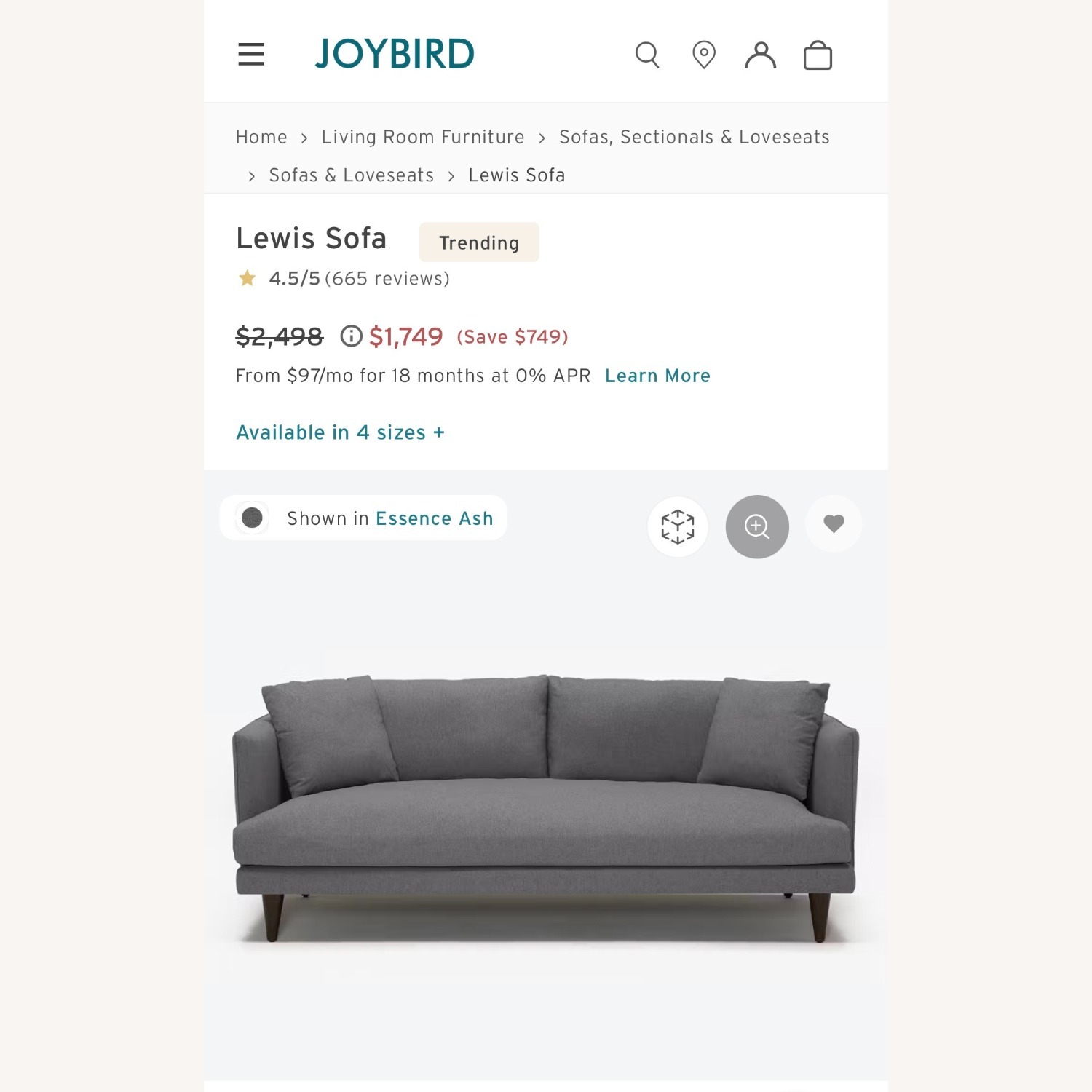 Joybird Lewis Dark Gray Fabric 3+ Seater Sofa - image-3