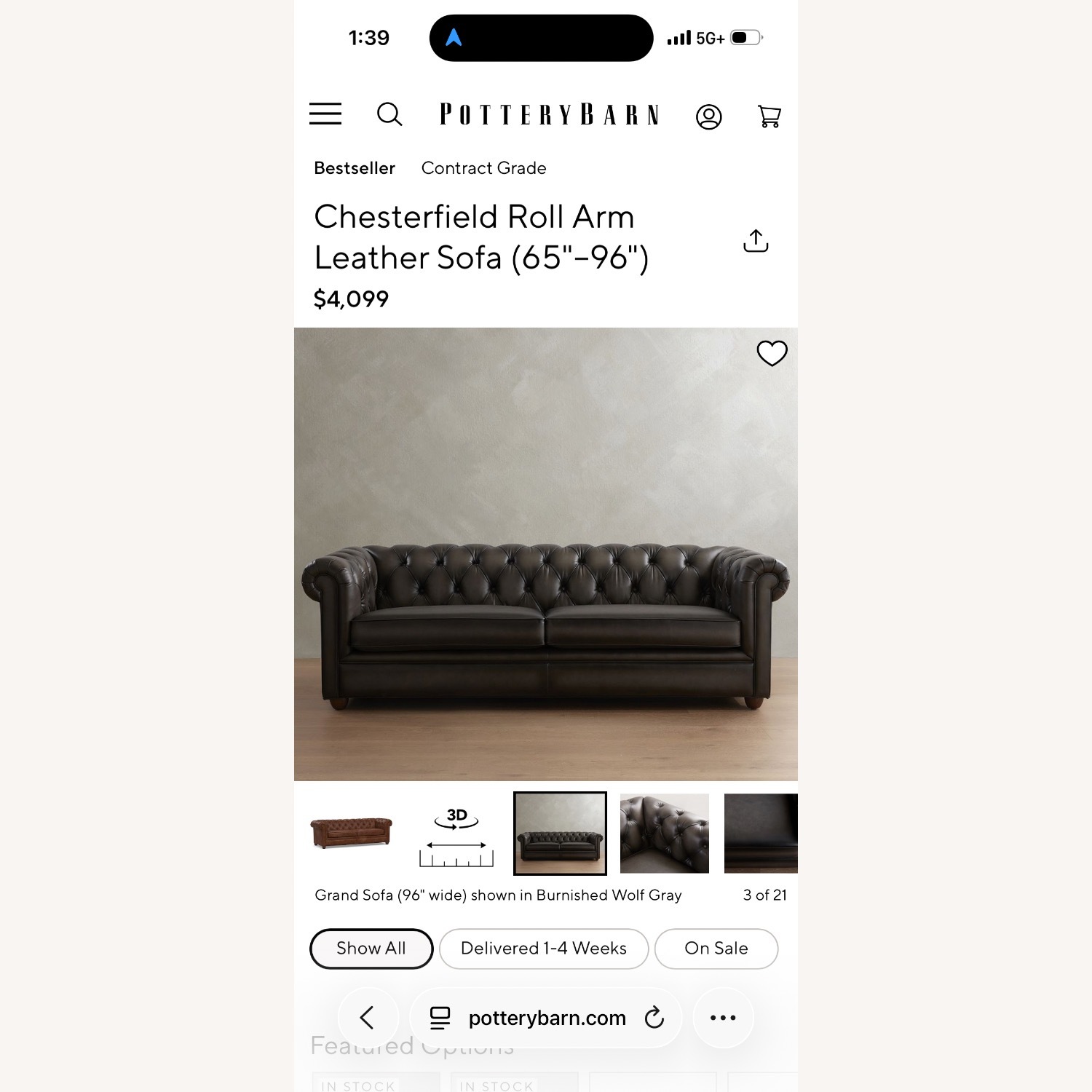 Pottery Barn Dark Brown Leather 3+ Seater Sofa - image-2