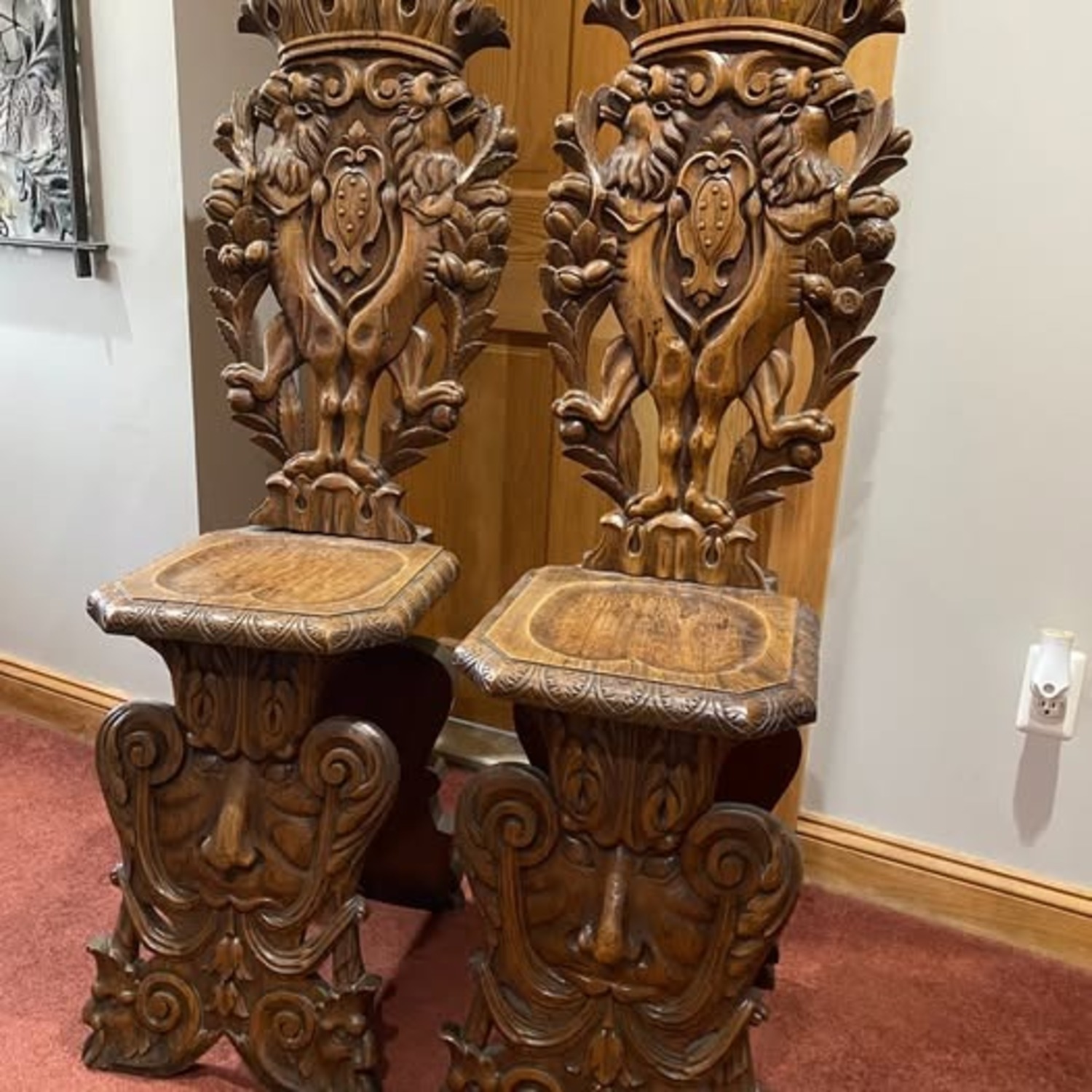 Antique Italian Renaissance Carved Sgabello Chairs - image-1