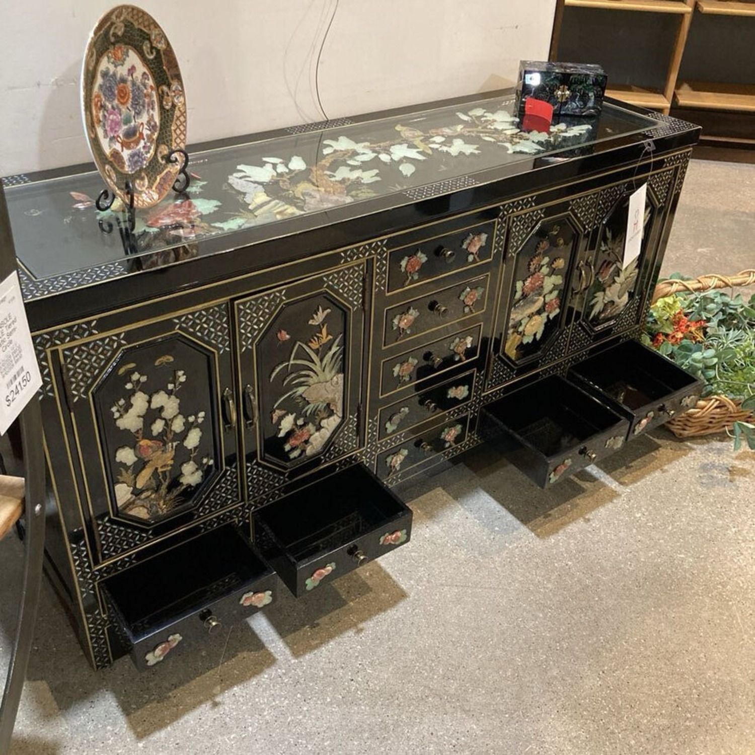 Oriental Lacquer Carved Inlay Buffet - image-11